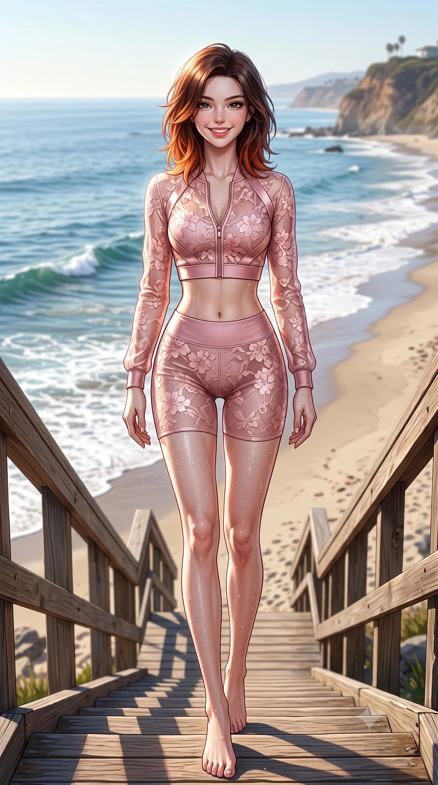 score_9, masterpiece, best quality, ultra-detailed, high-budget anime keyframe, semi-realistic 3D game render, editorial fashion photography, tasteful artistic composition, Korean woman. low angle full-body shot from head to toe showing her feet, filling the entire 9:16 vertical frame with her statuesque presence, stretching her vertical silhouette. sitting perched on the elevated edge with legs crossed and hips angled toward the camera, displaying her toned midriff and long slender limbs with a joyful, coquettish smile while walking gracefully down the private beach boardwalk steps with a beaming smile, her breezy resort wear hugging her narrow waist and hips. The surrounding environment is rendered in vivid detail and crisp panoramic clarity. detailed swimwear fabric sheen, water droplet beads on skin, and Malibu coastline clarity in high resolution. She has an exceptionally tall and slender model-like 8.5-heads proportion, an ultra-slim waist, a flat toned midriff, narrow delicate ribcage, and beautifully sculpted feminine hips creating a graceful, slim hourglass silhouette without any bulky heaviness, with impossibly long slender legs. sharp v-shaped jawline, high-bridge nose, intricate jewel-like sparkling eyes with depth, thick eyelashes, glossy parted lips with a natural peach sheen, bright cheerful beaming smile with an enchanting and coquettish sensual glint, exuding both youthful cute charm and seductive allure, flawlessly proportioned anatomical accuracy, strict slender model proportions, natural body alignment, perfectly sculpted long slender limbs, ultra-slim waistline, clean dynamic posture without body distortion. wearing a sporty chic zip-up crop jacket paired with high-waisted biker shorts clinging to her athletic hips in cherry blossom pink and soft rose gold, made of sheer contouring stretch lace with delicate floral patterns, finished with criss-cross back satin straps highlighting her graceful shoulder blades, the form-contouring cut accentuating her sculpted flat midriff, narrow delicate ribcage, and gracefully curvy hips with supermodel precision. illuminated by intense specular sea foam reflections sharply sculpting her razor-sharp jawline, narrow waist, and curvy hips. highly saturated vibrant anime colors, detailed shading with soft gradients, rich glossy textures, high-contrast stereoscopic depth, volumetric dynamic lighting, master piece, 9:16 ratio