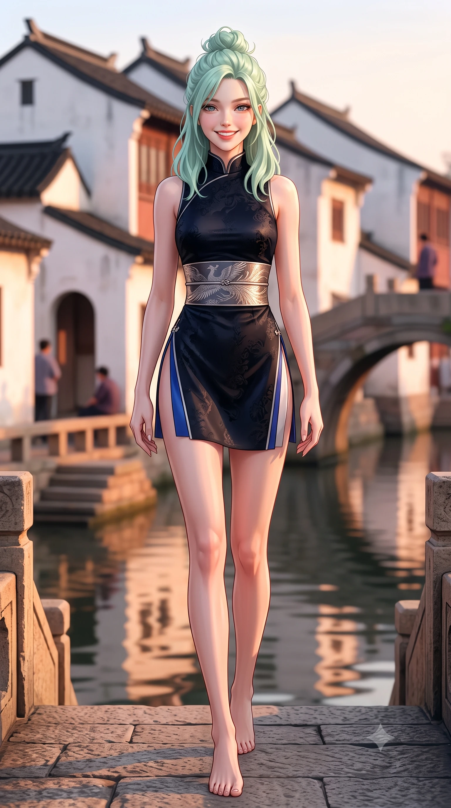 score_9, masterpiece, best quality, ultra-detailed, high-budget anime keyframe, semi-realistic 3D game render, editorial fashion photography, tasteful artistic composition, Japanese woman. low angle full-body shot from head to toe showing her feet, filling the entire 9:16 vertical frame with her statuesque presence, stretching her vertical silhouette. stepping forward gracefully across the stone bridge in mid-motion with a radiant beaming smile, hips swaying in an alluring kinetic rhythm that accentuates her curvy hourglass silhouette and long slender legs while lounging in an antique black lacquer daybed with one knee drawn up, her modern high-slit cheongsam displaying her long slender legs. The background shows a soft-focus whitewashed canal houses with black-tiled gables and arched stone packhorse bridges blurred into peach, terracotta, and water-reflection bokeh. She has an absolutely perfect, statuesque 8.5-heads proportion, an exceptionally tall and slender model-like female figure with impossibly long slender legs, an ultra-slim waist, a flat toned midriff, narrow delicate ribcage, and beautifully sculpted feminine hips creating a graceful, slim hourglass silhouette without any bulky heaviness. sharp v-shaped jawline, high-bridge nose, intricate jewel-like dark sparkling almond eyes with depth, thick lashes, glossy parted lips with a natural rose-plum sheen, bright alluring and coquettish smile with bedroom-eyes, exuding both timeless oriental elegance and sovereign high-fashion allure, flawlessly proportioned anatomical accuracy, strict slender model proportions, natural body alignment, perfectly sculpted long slender limbs, ultra-slim waistline, clean dynamic posture without body distortion. wearing a form-contouring high-neck modern cheongsam mini dress in midnight black jacquard silk with daring double side hip slits in royal cobalt blue and starlight platinum, tailored from sheer gossamer silk organza with an airy weightless flutter, finished with a wide metallic obi sash with intricate embroidered phoenix motifs, the form-contouring cut accentuating her sculpted flat midriff, narrow delicate ribcage, and gracefully curvy hips with regal oriental supermodel elegance. bathed in warm late-afternoon golden hour light reflecting off whitewashed walls and calm waters. highly saturated vibrant anime colors, detailed shading with soft gradients, rich glossy textures, high-contrast stereoscopic depth, volumetric dynamic lighting, master piece, 9:16 ratio