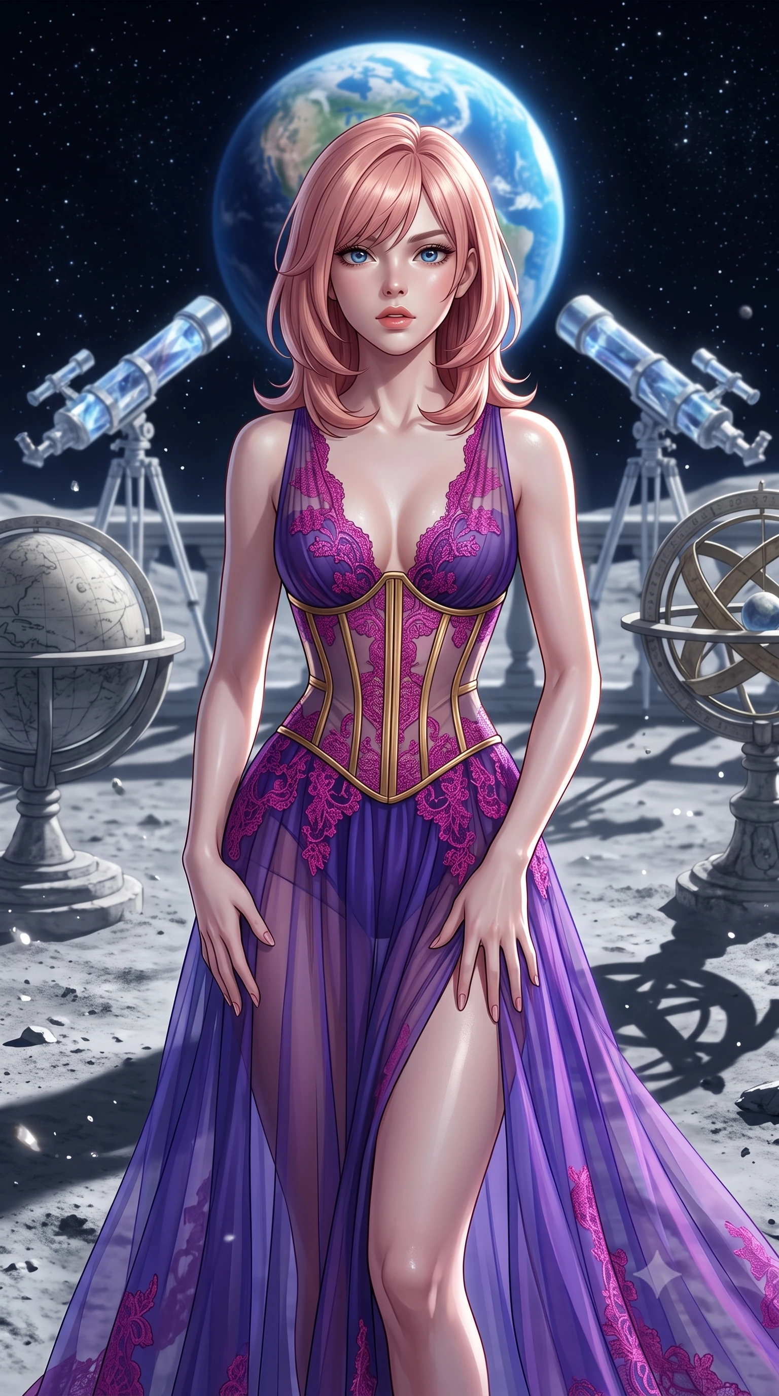score_9, masterpiece, best quality, ultra-detailed, high-budget anime keyframe, editorial fashion photography, tasteful artistic composition, Japanese woman. close-up cowboy shot from the waist and thighs up, the character dominates the composition, filling the frame with her large presence, background elements kept in soft focus. Looking directly at the camera with a bold fearless expression and parted lips. set against a soft-focus background of an open-air observation terrace on the moon's surface with crystalline telescopes pointing toward the blue Earth hanging in the black sky lunar dust particles floating weightlessly around ancient stone instruments. She has an exceptionally elegant and slender, willowy female figure with an ultra-slim waist, a gracefully sculpted slender torso, and a refined slim physique. sharp v-shaped jawline, high-bridge nose, intricate jewel-like eyes with depth, thick eyelashes, glossy lips with a natural sheen. wearing a floor-length sheer gown in royal purple, featuring strategic fuchsia lace placement and a structured gold corset. cold silver earthshine reflecting off the lunar surface combined with stark unfiltered starlight creating sharp high-contrast shadows on the grey regolith. 2k, ultra detail, master piece, 9:16 ratio