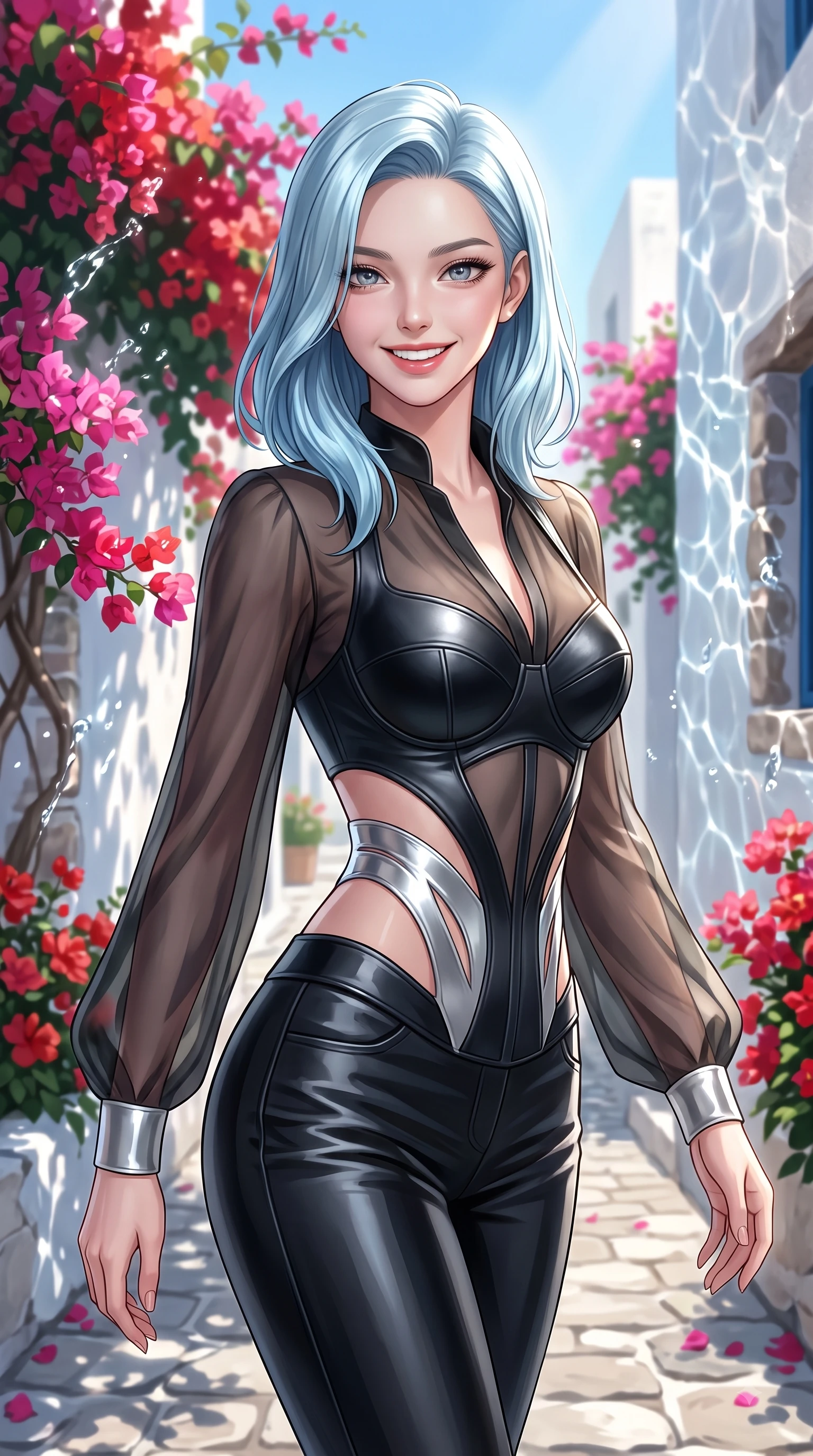 score_9, masterpiece, best quality, ultra-detailed, high-budget anime keyframe, editorial fashion photography, tasteful artistic composition, Korean woman. close-up cowboy shot from the waist and thighs up, the character dominates the composition, filling the frame with her large presence, background elements kept in soft focus. Gazing directly into the camera with a joyful, infectious smile as her torso curves dynamically in mid-stride while pivoting in a graceful resort stride down a sunlit cobblestone alley surrounded by bougainvillea, glistening water reflections dancing dynamically across whitewashed stone walls. She has an exceptionally elegant, slender, and willowy female figure with an ultra-slim waist, a gracefully sculpted slender torso, and a refined silhouette. sharp v-shaped jawline, high-bridge nose, intricate jewel-like eyes with depth, thick eyelashes, glossy lips with a natural sheen, flawlessly proportioned anatomical accuracy, natural body alignment, perfectly sculpted elegant limbs, clean dynamic posture without body distortion. wearing a tailored leather bustier over a sheer silk chiffon blouse in matte black and polished silver, crafted from smooth liquid silk, featuring clean architectural cutouts along her slender torso, the tailored fabric tightly following every curve of her athletic build. surrounded by a clear, sun-drenched atmosphere with crisp cheerful highlights. ultra-reflective glossy finish, specular highlights, metallic sheen, high-contrast stereoscopic depth, volumetric dynamic lighting, 2k, ultra detail, master piece, 9:16 ratio