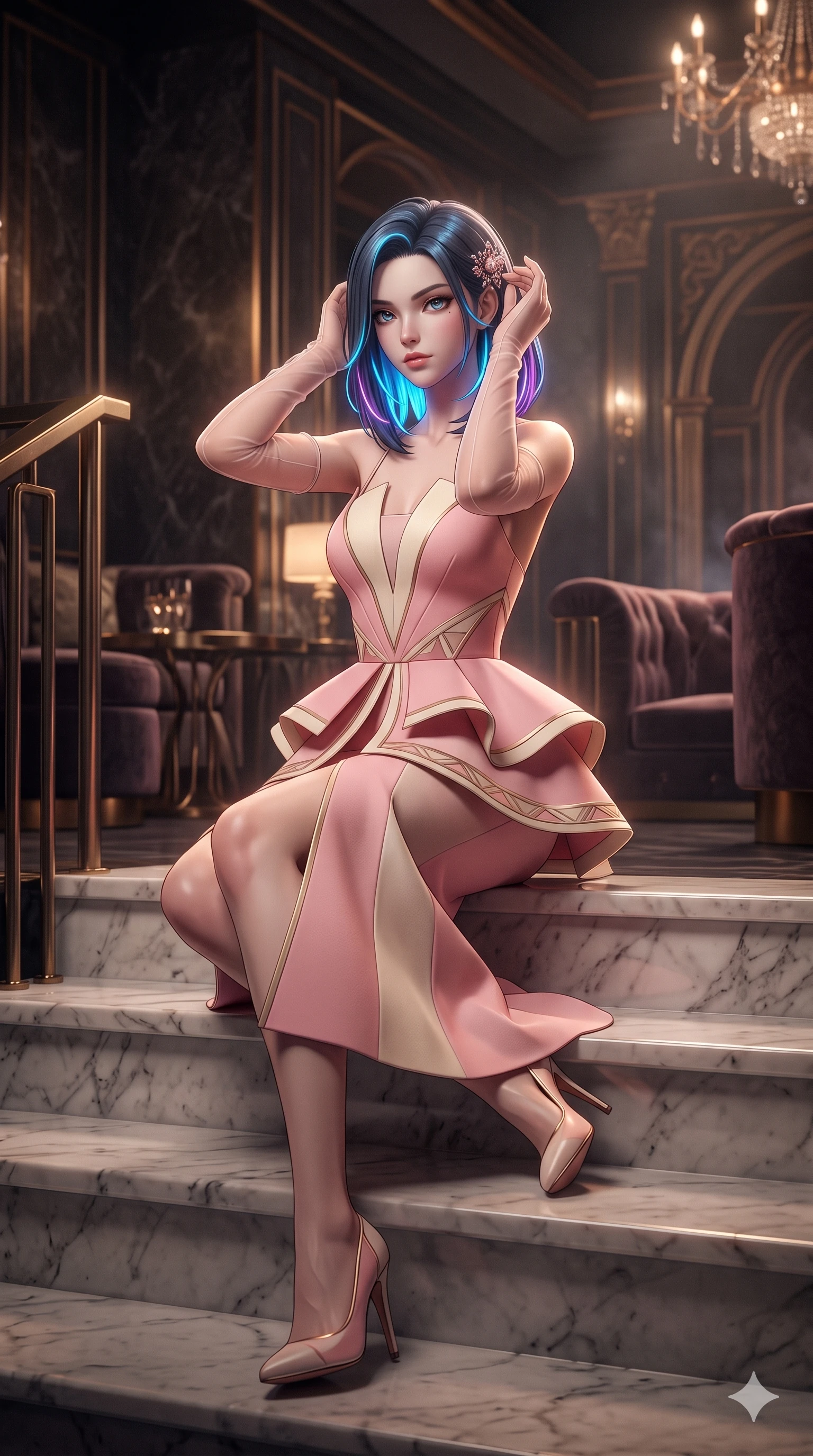score_9, masterpiece, best quality, ultra-detailed, high-budget anime keyframe, semi-realistic 3D game render, editorial fashion photography, tasteful artistic composition, Caucasian woman. low angle full-body shot from head to toe showing her feet, filling the entire 9:16 vertical frame with her statuesque presence, stretching her vertical silhouette. sitting poised on the Carrara marble steps with one knee bent, arching her spine with supermodel elegance as she glances upward through thick eyelashes while standing poised at the loge entrance, arching her lower back with sovereign supermodel grace while adjusting her jeweled hair clasp. The surrounding environment is rendered in vivid detail and crisp panoramic clarity: detailed peplum corset dress tailoring, jeweled clasp closures, and luxury VIP club interior in razor-sharp clarity. She has an exceptionally tall and slender model-like 8.5-heads proportion, an ultra-slim waist, a flat toned midriff, narrow delicate ribcage, and beautifully sculpted feminine hips creating a graceful, slim hourglass silhouette without any bulky heaviness, with impossibly long slender legs. sharp v-shaped jawline, high-bridge nose, intricate jewel-like sparkling eyes with depth, thick eyelashes, glossy parted lips with a natural sheen, intensely captivating and seductive bedroom-eyes expression, exuding both youthful cute charm and sovereign luxury allure, flawlessly proportioned anatomical accuracy, strict slender model proportions, natural body alignment, perfectly sculpted long slender limbs, ultra-slim waistline, clean dynamic posture without body distortion. wearing a structural geometric peplum gown with sheer side-ribbon cutouts and form-fitting skirt in sakura blossom pink and warm ivory, made of delicate semi-sheer nanotech mesh with microscopic hexagonal weaves, complemented by sheer opera-length evening gloves tracing her slender arms, the form-contouring material adhering flawlessly to her sculpted flat midriff and slender torso, emphasizing her long leg lines and perfectly proportioned willowy build. bathed in low-key, high-contrast chiaroscuro lighting with narrow green and amber spotlights on the gaming table. highly saturated vibrant anime colors, detailed shading with soft gradients, rich glossy textures, high-contrast stereoscopic depth, volumetric dynamic lighting, master piece, 9:16 ratio