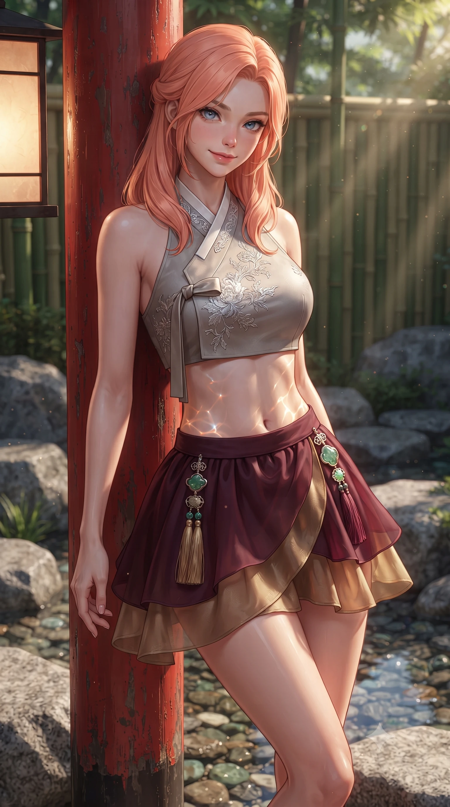 score_9, masterpiece, best quality, ultra-detailed, high-budget anime keyframe, editorial fashion photography, tasteful artistic composition, Japanese woman. close-up cowboy shot from the waist and thighs up, the character dominates the composition, filling the frame with her large presence. leaning back against the red lacquer pillar with relaxed seductive grace, her flat midriff and narrow waist highlighted as warm lantern light traces her curves while twisting her slender torso in an alluring contrapposto stance, filtered sunbeams and water reflections dancing across her curvy hips and waist. The surrounding environment is rendered in vivid detail and crisp panoramic clarity: sharp granite stone texture, crystal-clear stream pebble clarity, and smooth bamboo stalk surfaces in deep focus. She has an exceptionally elegant, slender, and willowy female figure with an ultra-slim waist, flat toned midriff, narrow ribcage, and sculpted feminine hips creating an alluring, slim hourglass silhouette without bulk. sharp v-shaped jawline, high-bridge nose, intricate jewel-like dark sparkling almond eyes with depth, thick lashes, glossy parted lips with a natural rose-plum sheen, bright alluring and coquettish smile with bedroom-eyes, exuding both timeless oriental elegance and sovereign high-fashion allure, flawlessly proportioned anatomical accuracy, strict slender model proportions, natural body alignment, perfectly sculpted long slender limbs, ultra-slim waistline, clean dynamic posture without body distortion. wearing a modern halter-neck fusion hanbok bodice with delicate silver embroidery and a fluttering layered chiffon wrap mini skirt in deep wine burgundy and brushed antique gold, tailored from sheer gossamer silk organza with an airy weightless flutter, finished with an ornate modern norigae tassel with polished jade and chrome charms resting on her curvy hips, the high-waisted wrap tailoring accentuating her ultra-slim waistline and the enchanting curve of her feminine hips with alluring oriental charm. bathed in dappled golden morning sunbeams filtering through dense green bamboo leaves. ultra-reflective glossy finish, specular highlights, rich textural contrasts, high-contrast stereoscopic depth, volumetric dynamic lighting, 2k, ultra detail, master piece, 9:16 ratio