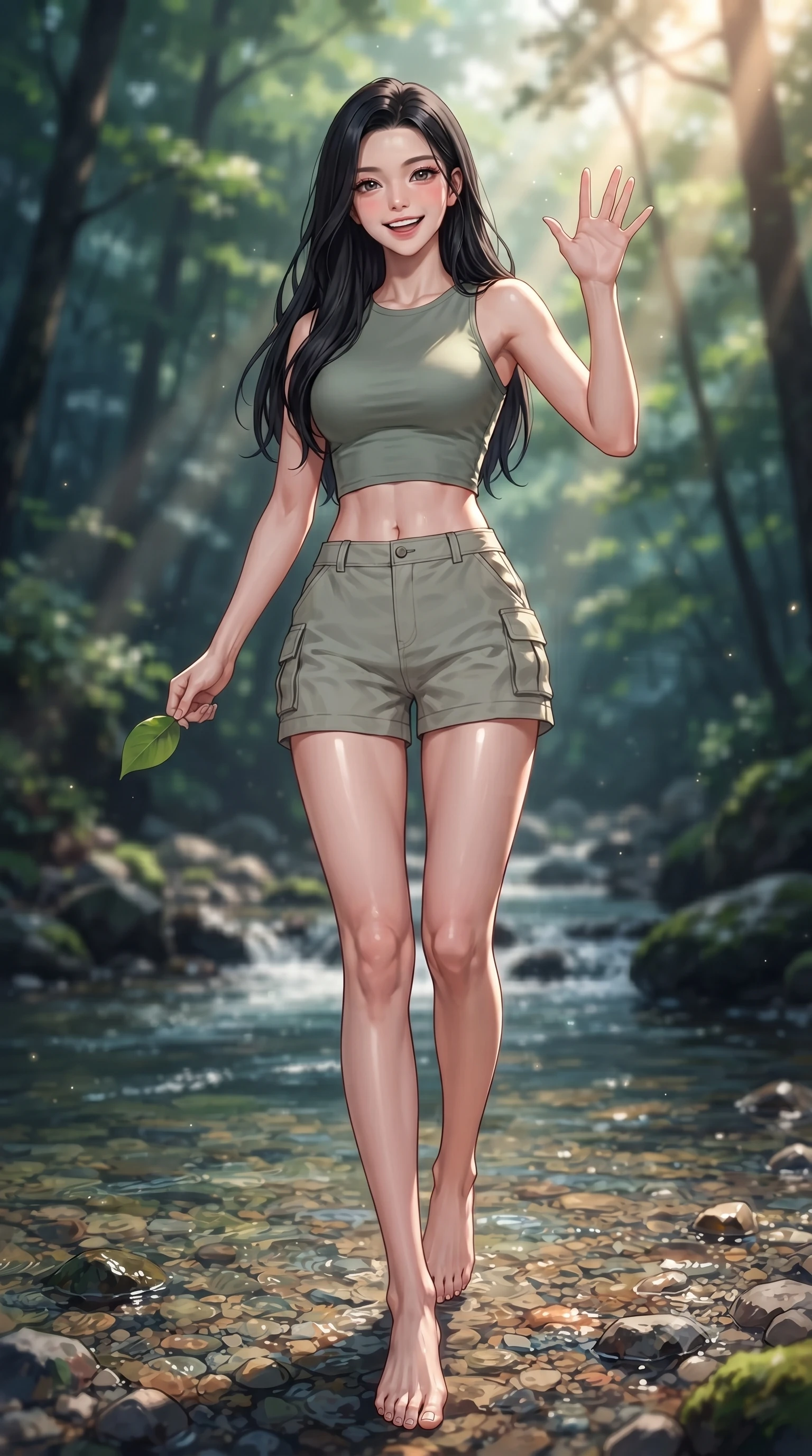 score_9, masterpiece, best quality, ultra-detailed, high-budget anime keyframe, editorial fashion photography, tasteful artistic composition, Korean woman. low angle full-body shot from head to toe showing her feet, filling the entire 9:16 vertical frame with her statuesque presence, stretching her vertical silhouette. stepping forward with a bright, cheerful smile, waving happily at the viewer set against a soft-focus background of next to a rocky creek with clear mountain water running over pebbles holding a smooth green leaf with a happy, refreshed expression. She has an absolutely perfect, statuesque 8.5-heads proportion, an exceptionally tall and slender model-like female figure with impossibly long slender legs and an ultra-slim waist. sharp v-shaped jawline, high-bridge nose, intricate jewel-like eyes with depth, thick eyelashes, glossy lips with a natural sheen. wearing slim-fit stylish crop top in sage green, paired with lightweight cargo shorts. cool forest shadows contrasting with warm shafts of sunbeams. ultra-reflective glossy finish, specular highlights, metallic sheen, high-contrast stereoscopic depth, volumetric dynamic lighting, 2k, ultra detail, master piece, 9:16 ratio