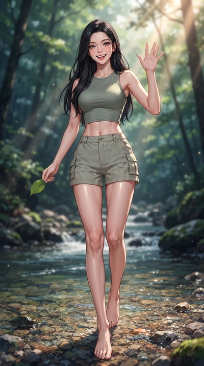 score_9, masterpiece, best quality, ultra-detailed, high-budget anime keyframe, editorial fashion photography, tasteful artistic composition, Korean woman. low angle full-body shot from head to toe showing her feet, filling the entire 9:16 vertical f