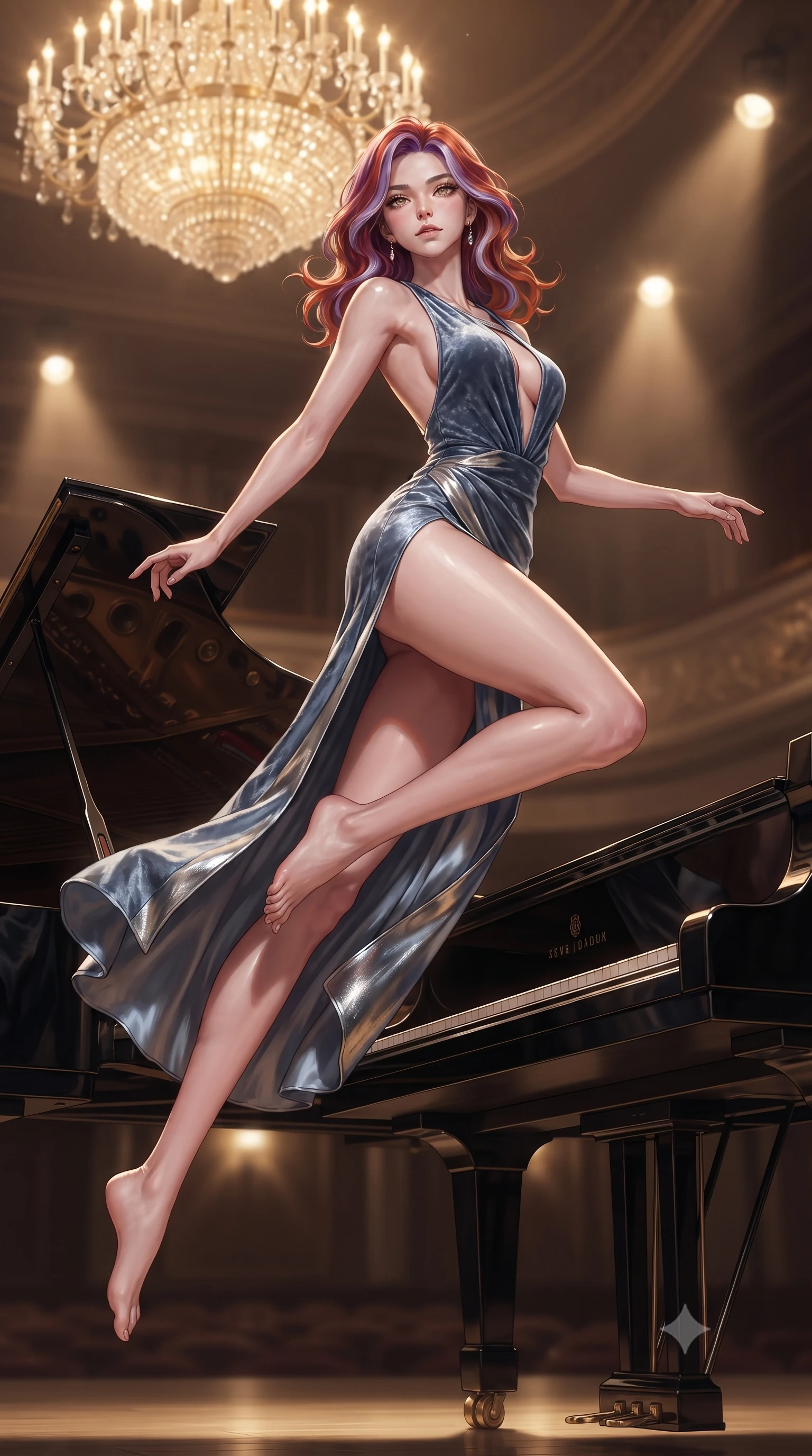 score_9, masterpiece, best quality, ultra-detailed, high-budget anime keyframe, editorial fashion photography, tasteful artistic composition, Caucasian woman. low angle full-body shot from head to toe showing her feet, filling the entire 9:16 vertical frame with her statuesque presence, stretching her vertical silhouette. leaping gracefully through the environment with statuesque elegance and long slender legs resting against the open lid of a grand piano as golden stage light traces her form, ultra-glossy ebony piano lacquer reflecting the spotlight and her silhouette. She has an absolutely perfect, statuesque 8.5-heads proportion, an exceptionally tall and slender model-like female figure with impossibly long slender legs and an ultra-slim waist. sharp v-shaped jawline, high-bridge nose, intricate jewel-like eyes with depth, thick eyelashes, glossy lips with a natural sheen. wearing a backless crushed velvet gown with a deep V-neckline and high thigh slit in slate blue and metallic silver, crafted from smooth liquid silk, accented with a Tasteful chest slit framing her clavicle gracefully, the elegant draped fit framing her graceful clavicle and slender torso. illuminated by warm chandelier glow reflecting off polished black wood. highly saturated vibrant anime colors, detailed shading with soft gradients, rich glossy textures, high-contrast stereoscopic depth, volumetric dynamic lighting, master piece, 9:16 ratio