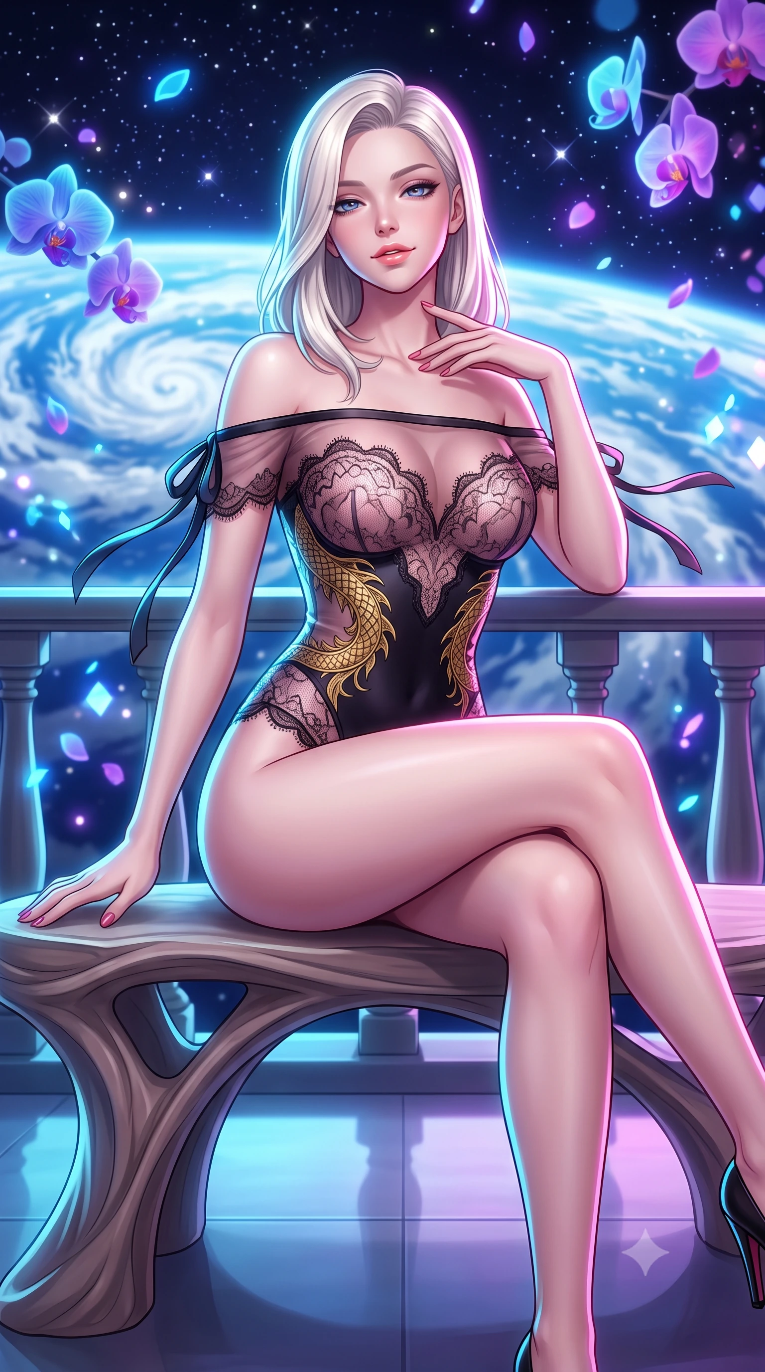 score_9, masterpiece, best quality, ultra-detailed, high-budget anime keyframe, semi-realistic 3D game render, editorial fashion photography, tasteful artistic composition, Caucasian woman. close-up cowboy shot from the waist and thighs up, the character dominates the composition, filling the frame with her large presence. leaning back against the balustrade with relaxed seductive grace, head tilted back slightly while casting a hypnotic, heavy-lidded gaze while sitting gracefully on the sculptured organic bench with legs crossed, running one manicured hand slowly along her neck with magnetic poise. The background shows a soft-focus breathtaking blue-and-white swirling cloud patterns of Earth from low orbit, field of glittering stars, and glowing neon-blue orchid petals blurred into electric blue, violet, and diamond bokeh. She has an exceptionally elegant, slender, and willowy female figure with an ultra-slim waist, flat toned midriff, narrow ribcage, and sculpted feminine hips creating an alluring, slim hourglass silhouette without bulk. sharp v-shaped jawline, high-bridge nose, intricate jewel-like sparkling eyes with depth, thick eyelashes, glossy parted lips with a natural peach sheen, bright cheerful beaming smile with an enchanting and coquettish sensual glint, exuding both youthful cute charm and seductive allure, flawlessly proportioned anatomical accuracy, strict slender model proportions, natural body alignment, perfectly sculpted long slender limbs, ultra-slim waistline, clean dynamic posture without body distortion. wearing an off-the-shoulder sheer illusion mesh evening bodysuit with gold dragon-scale embroidery contouring her hourglass waist in Kyoto moonlit sakura blush and polished urushi black, made of delicate semi-sheer French Chantilly lace with intricate eyelash edges, finished with satin ribbon ties at the shoulders fluttering in the gentle breeze, the glove-like clinging cut tightly following the natural contour of her hips and long slender legs with youthful 8.5-heads elegance. illuminated by floor reflection fill and sharp electric-cyan and rose rim lights defining her dewy collarbones, ultra-slim waist, and curvy hips. highly saturated vibrant anime colors, detailed shading with soft gradients, rich glossy textures, high-contrast stereoscopic depth, volumetric dynamic lighting, master piece, 9:16 ratio