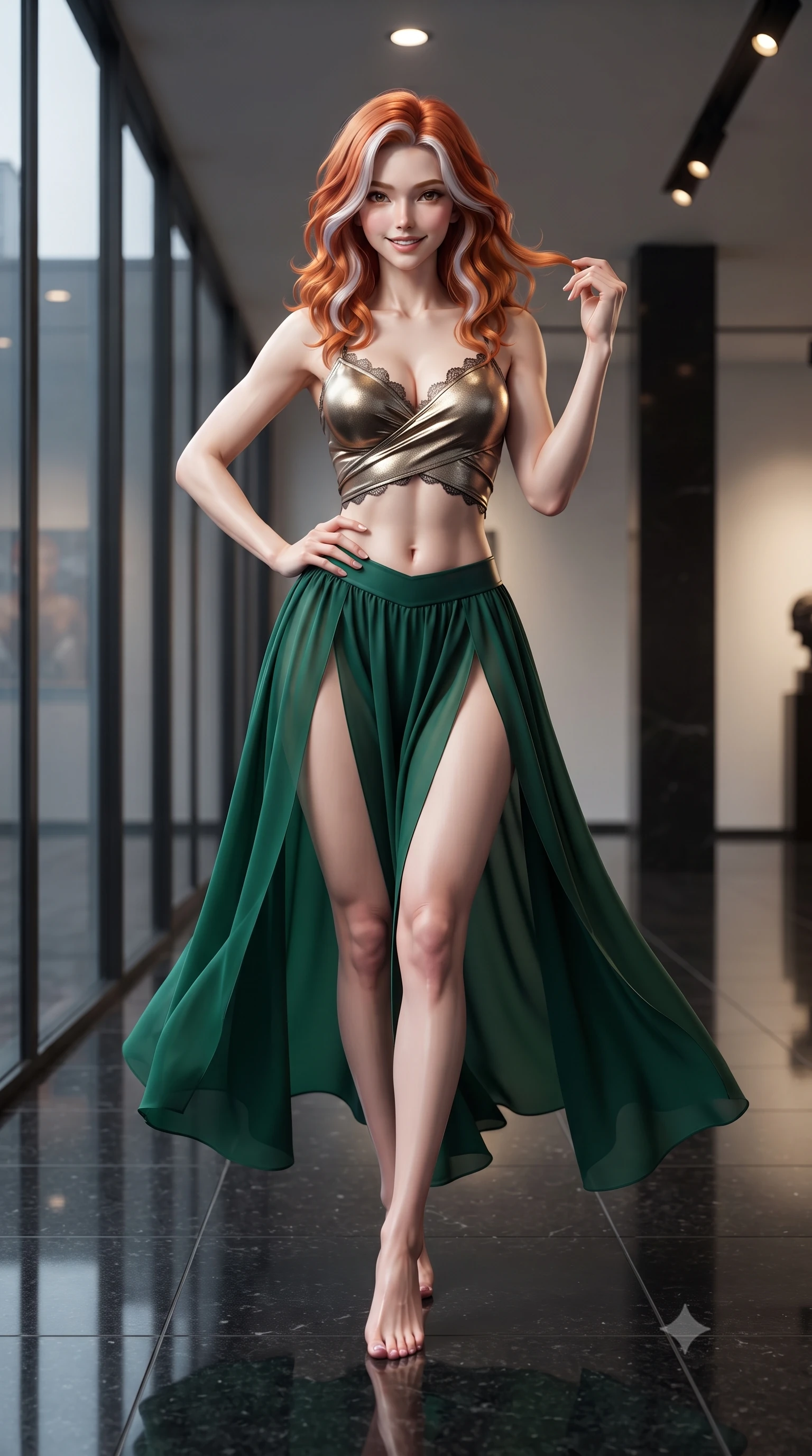 score_9, masterpiece, best quality, ultra-detailed, high-budget anime keyframe, editorial fashion photography, tasteful artistic composition, Caucasian woman. close-up cowboy shot from the waist and thighs up, the character dominates the composition, filling the frame with her large presence. twisting her slender torso in an alluring contrapposto stance, one hand resting on her sculpted hip while her fingers toy with her hair with effortless poise while walking slowly across the polished black granite floor with confident model strides, her high-slit dress revealing her slender legs. The surrounding environment is rendered in vivid detail and crisp panoramic clarity: sharp polished black granite floor reflections, seamless glass window mullions, and sculpture metallic sheen in deep focus. She has an exceptionally elegant, slender, and willowy female figure with an ultra-slim waist, flat toned midriff, narrow ribcage, and sculpted feminine hips creating an alluring, slim hourglass silhouette without bulk. sharp v-shaped jawline, high-bridge nose, intricate jewel-like sparkling eyes with depth, thick eyelashes, glossy parted lips with a natural peach sheen, bright cheerful beaming smile with an enchanting and coquettish sensual glint, exuding both youthful cute charm and seductive allure, flawlessly proportioned anatomical accuracy, strict slender model proportions, natural body alignment, perfectly sculpted long slender limbs, ultra-slim waistline, clean dynamic posture without body distortion. wearing a modern Arabian-inspired metallic lame wrap top with bare midriff and a high-slit chiffon harem pant skirt in Monte Carlo casino emerald green and polished brass, woven from buttery-soft stretch lambskin leather adhering to her body like a second skin, finished with scalloped eyelash lace trim framing her sweetheart neckline with intimate elegance, the form-contouring silhouette accentuating her sculpted flat midriff, narrow delicate ribcage, and gracefully curvy hips with intoxicating allure. illuminated by gallery recessed downlights and crisp amber-gold rim lights defining her dewy collarbones, narrow waist, and curvy hips. ultra-reflective glossy finish, specular highlights, rich textural contrasts, high-contrast stereoscopic depth, volumetric dynamic lighting, 2k, ultra detail, master piece, 9:16 ratio