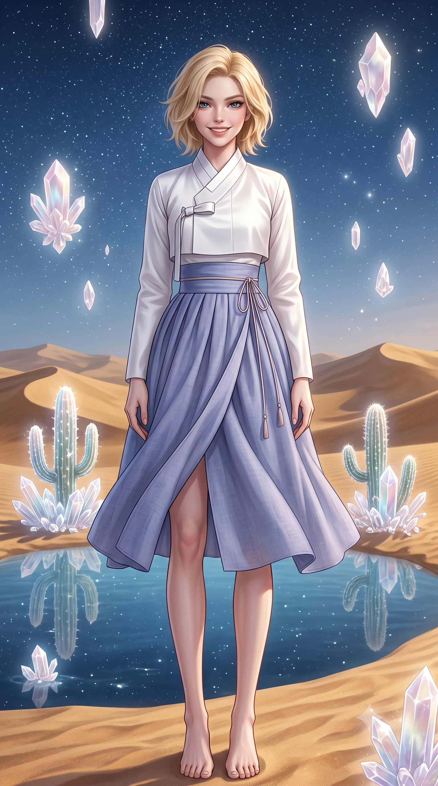 score_9, masterpiece, best quality, ultra-detailed, high-budget anime keyframe, editorial fashion photography, tasteful artistic composition, Caucasian woman, strictly human ears. low angle full-body shot from head to toe showing her feet, filling the entire 9:16 vertical frame with her statuesque presence, stretching her vertical silhouette. striking a proud, smiling pose within standing beside a pristine desert pool surrounded by shifting gold sand dunes and glowing crystal cacti under a clear starry night. She has a statuesque 8.5-heads proportion, an exceptionally tall, slender and willowy model-like build with impossibly long legs and a highly sculpted ultra-slim waist. sharp v-shaped jawline, high-bridge nose, intricate jewel-like eyes with depth, thick eyelashes, glossy lips with a natural sheen. wearing a modern fusion Hanbok with a white silk cropped jeogori and a pale indigo linen wrapped skirt. ethereal pearlescent light emanating from floating crystalline formations all around. 2k, ultra detail, master piece, 9:16 ratio