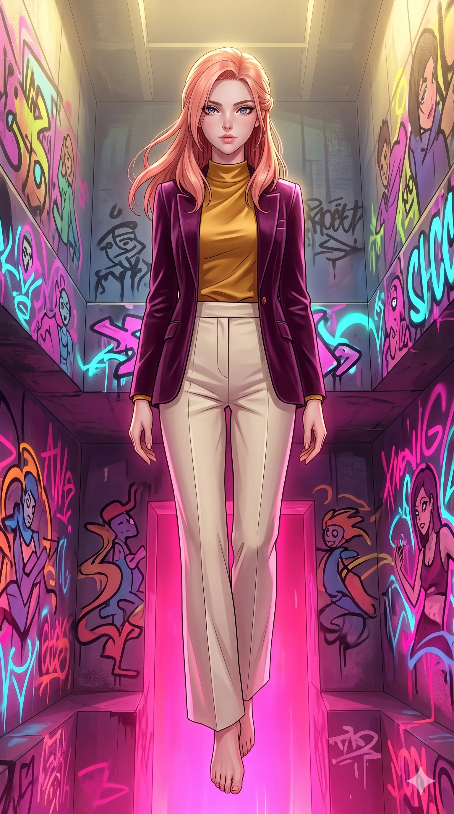 score_9, masterpiece, best quality, ultra-detailed, high-budget anime keyframe, editorial fashion photography, tasteful artistic composition, Japanese woman. low angle full-body shot from head to toe showing her feet, filling the entire 9:16 vertical frame with her statuesque presence, stretching her vertical silhouette. floating with ethereal lightness within a vast underground chamber where spray-paint graffiti murals covering every surface glow with neon light and the painted characters animate and move within their murals reaching across walls. She has a statuesque 8.5-heads proportion, an exceptionally tall, slender and willowy model-like build with impossibly long legs and a highly sculpted ultra-slim waist. sharp v-shaped jawline, high-bridge nose, intricate jewel-like eyes with depth, thick eyelashes, glossy lips with a natural sheen. wearing a luxurious plum velvet blazer over a golden mustard satin mock-neck top and cream tailored wide-leg trousers. dramatic contrast of hot pink furnace glow from below and cool golden light from above. 2k, ultra detail, master piece, 9:16 ratio