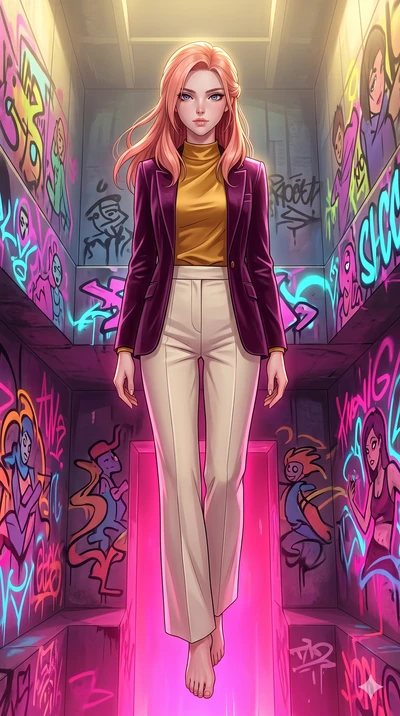 score_9, masterpiece, best quality, ultra-detailed, high-budget anime keyframe, editorial fashion photography, tasteful artistic composition, Japanese woman. low angle full-body shot from head to toe showing her feet, filling the entire 9:16 vertical