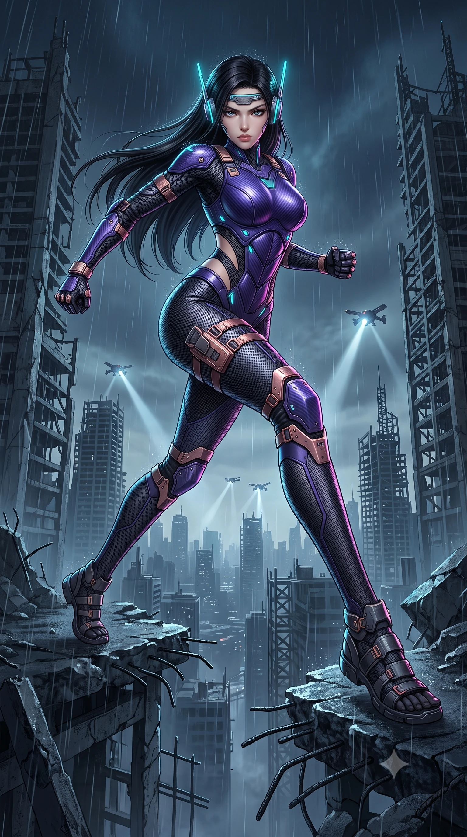 score_9, masterpiece, best quality, ultra-detailed, high-budget anime keyframe, semi-realistic 3D game render, editorial fashion photography, tasteful artistic composition, Korean woman. low angle full-body shot from head to toe showing her feet, filling the entire 9:16 vertical frame with her statuesque presence, stretching her vertical silhouette. striding forward with sovereign warrior elegance in a low, predatory combat advance through the ruins, hips swaying with fierce athletic poise while leaping across a gaping structural chasm between ruined towers with flawless, fearless kinetic martial grace. The surrounding environment is rendered in vivid detail and crisp panoramic clarity. detailed skyscraper skeleton lattices, distant war-drone searchlights, and rain droplet beads in high clarity. She has an absolutely perfect, statuesque 8.5-heads proportion, an exceptionally tall and slender model-like female figure with impossibly long slender legs, a toned flat midriff, and an ultra-slim waist. sharp v-shaped jawline, high-bridge nose, intricate jewel-like eyes with depth, thick eyelashes, glossy lips with a natural sheen, fierce and resolute heroine expression, flawlessly proportioned anatomical accuracy, strict slender model proportions, natural body alignment, perfectly sculpted long slender limbs, ultra-slim waistline, clean dynamic posture without body distortion. wearing a lightweight carbon-fiber tactical sensory headpiece with glowing cyan ear-antennae and an ultra-thin forehead HUD brow-band, paired with a form-contouring high-mobility battle-suit featuring sculpted carbon chest plating, diagonal midriff ventilation cutouts, and kinetic knee vambraces in royal purple carbon fiber with distressed rose-gold hardware and buckles, tailored from flexible second-skin ballistic carbon-mesh adhering flawlessly to her athletic build, featuring a sleek aerodynamic collar framed by subtle glowing cybernetic status LEDs, the liquid-tight tailored fabric emphasizing every curve of her tall, slender model proportions and sculptured silhouette during dynamic movement. surrounded by a majestic, solemn, and fiercely determined lone dystopian savior aura. rich saturated anime colors with glowing neon highlights, detailed shading with soft gradients, rich glossy textures, high-contrast stereoscopic depth, volumetric dynamic lighting, master piece, 9:16 ratio