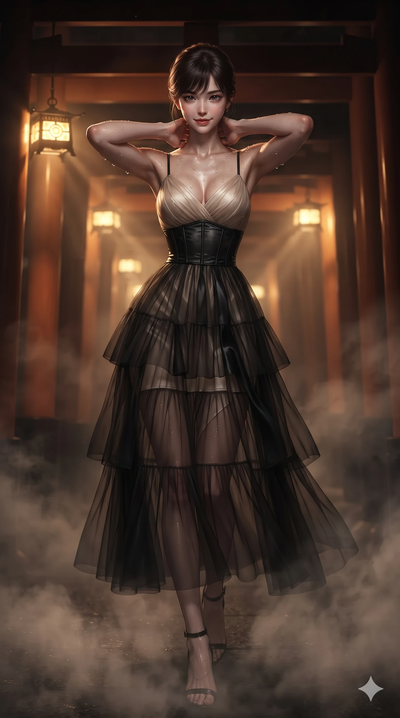 score_9, masterpiece, best quality, ultra-detailed, high-budget anime keyframe, editorial fashion photography, tasteful artistic composition, Korean woman. close-up cowboy shot from the waist and thighs up, the character dominates the composition, filling the frame with her large presence. resting both hands lightly behind her neck with elbows raised, arching her spine to highlight her narrow waist and flat midriff while walking through an endless corridor of black lacquer Torii gates at midnight, dim gold lantern light casting warm dramatic rays through thick midnight mist. The background shows a soft-focus receding lines of black lacquer Torii gates, hanging brass lanterns, and swirling mountain fog blurred into gold, amber, and pitch-black bokeh. She has an exceptionally elegant, slender, and willowy female figure with an ultra-slim waist, flat toned midriff, narrow ribcage, and sculpted feminine hips creating an alluring, slim hourglass silhouette without bulk. sharp v-shaped jawline, high-bridge nose, intricate jewel-like dark sparkling eyes with hypnotic seductive depth, thick curled eyelashes, glossy parted lips with a natural wine sheen, alluring bedroom-eyes with an enigmatic smoldering smile, exuding magnetic sovereign charisma and dark avant-garde glamour, flawlessly proportioned anatomical accuracy, strict slender model proportions, natural body alignment, perfectly sculpted long slender limbs, ultra-slim waistline, clean dynamic posture without body distortion. wearing a tiered semi-sheer black tulle and silk slip dress with an ultra-slim corseted waist and bare shoulders in celestial champagne ivory and high-gloss jet black, tailored from soft dark satin with subtle light-absorbing depth, finished with glistening moisture droplets beading across her sculpted shoulders and flat midriff, contouring every curve with an exceptionally elegant silhouette and captivating allure. bathed in warm dramatic lantern rays cutting through thick midnight mist contrasted with pitch-black forest shadows. ultra-reflective glossy finish, specular highlights, metallic sheen, high-contrast stereoscopic depth, volumetric dynamic lighting, 2k, ultra detail, master piece, 9:16 ratio