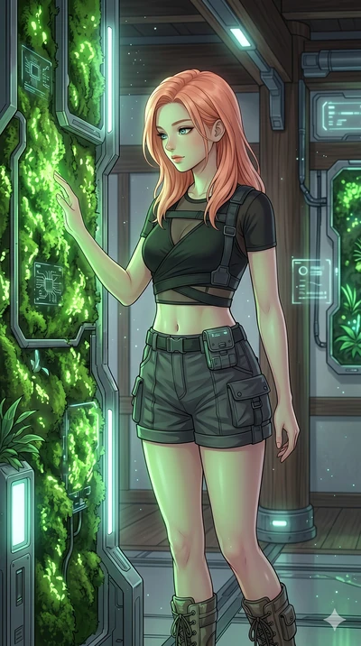 score_9, masterpiece, best quality, ultra-detailed, high-budget anime keyframe, Japanese woman. Upper body close-up from the thighs up, character filling the screen for maximum presence. Standing next to a glowing moss wall in a tech-temple, touching
