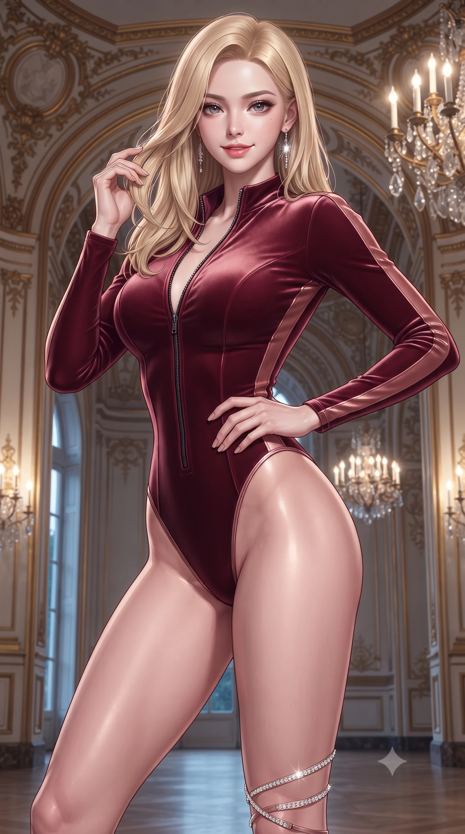 score_9, masterpiece, best quality, ultra-detailed, high-budget anime keyframe, editorial fashion photography, tasteful artistic composition, Korean woman. close-up cowboy shot from the waist and thighs up, the character dominates the composition, filling the frame with her large presence. twisting her slender torso in an alluring contrapposto stance, one hand resting on her sculpted hip while her fingers toy with her hair with effortless poise while twisting her slender torso in an alluring S-curve, silver moonlight and warm interior chandelier light sculpting her silhouette and waist. The surrounding environment is rendered in vivid detail and crisp panoramic clarity: detailed backless halterneck satin slip gown drape, dangling diamond earring sparkle, and Renaissance architectural craft in high resolution. She has an exceptionally elegant, slender, and willowy female figure with an ultra-slim waist, flat toned midriff, narrow ribcage, and sculpted feminine hips creating an alluring, slim hourglass silhouette without bulk. sharp v-shaped jawline, high-bridge nose, sparkling eyes with hypnotic seductive depth, thick curled eyelashes, glossy parted lips with a natural dewy peach sheen, alluring bedroom-eyes with an enchanting coquettish smile, exuding magnetic siren charisma and sophisticated glamour, flawlessly proportioned anatomical accuracy, strict slender model proportions, natural body alignment, perfectly sculpted long slender limbs, ultra-slim waistline, clean dynamic posture without body distortion. wearing a form-contouring wet-look neoprene zip-front maillot with high-cut leg openings and racing side stripes in smoldering Chianti crimson wine and deep rose-gold, tailored from ultra-plush velvet with rich tactile depth and deep shadow gradients, complemented by strappy stiletto sandals with crystal ankle wraps accentuating her slender calves, the high-slit wrap tailoring accentuating her ultra-slim waistline and the enchanting curve of her feminine hips with alluring seductive charm. bathed in cool silver full moonlight streaming from the open sky mixed with warm 2800K light spilling from the chateau grand ballroom. ultra-reflective glossy finish, specular highlights, rich textural contrasts, high-contrast stereoscopic depth, volumetric dynamic lighting, 2k, ultra detail, master piece, 9:16 ratio