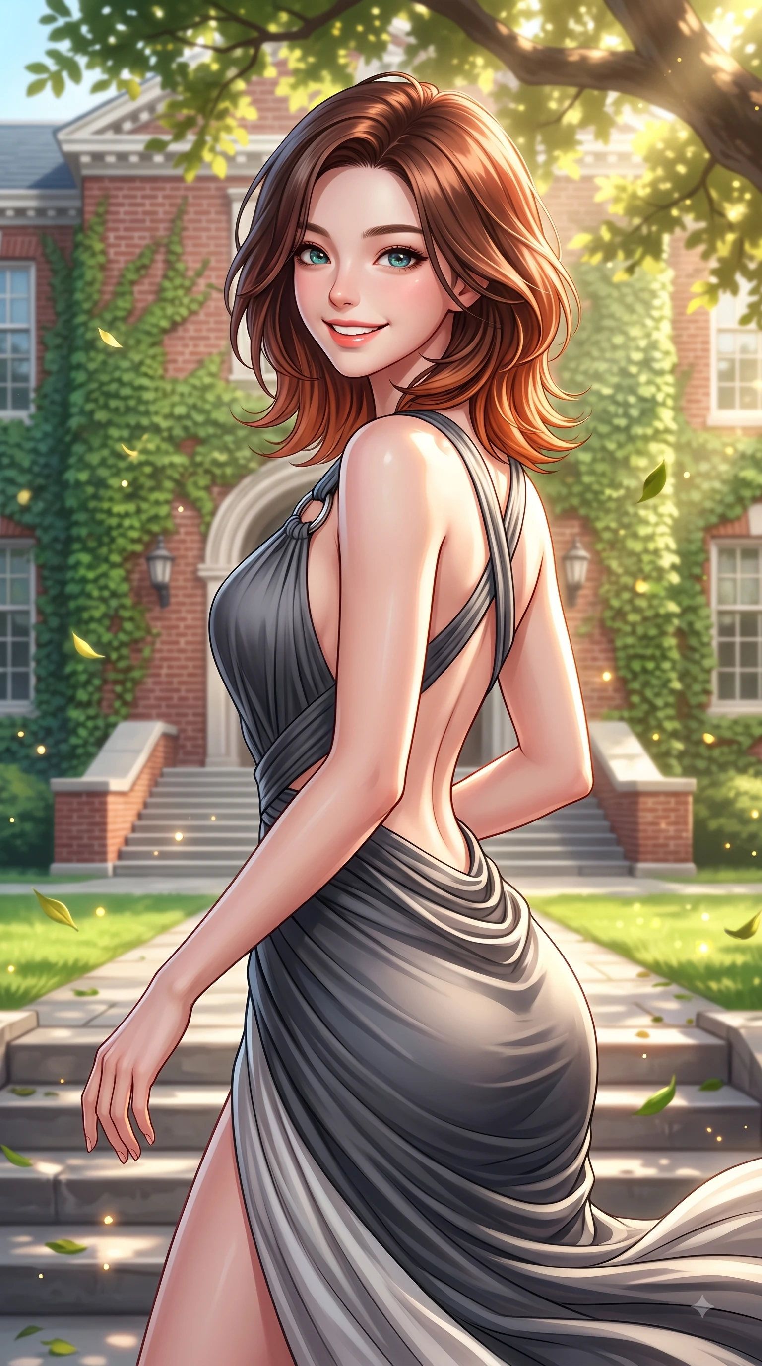 score_9, masterpiece, best quality, ultra-detailed, high-budget anime keyframe, editorial fashion photography, tasteful artistic composition, Korean woman. close-up cowboy shot from the waist and thighs up, the character dominates the composition, filling the frame with her large presence, background elements kept in soft focus. Youthful bright smile exuding pure cute charm and fresh energy, her torso turning dynamically into the lens while pivoting dynamically on the steps of a red-brick ivy-covered university hall with a bright smile, lush green quad lawn scattered with golden sunlight motes and fluttering leaves. She has an exceptionally elegant, slender, and willowy female figure with an ultra-slim waist, a gracefully sculpted slender torso, and a refined silhouette. sharp v-shaped jawline, high-bridge nose, intricate jewel-like eyes with depth, thick eyelashes, glossy lips with a natural sheen, flawlessly proportioned anatomical accuracy, natural body alignment, perfectly sculpted elegant limbs, clean dynamic posture without body distortion. wearing an asymmetrical Grecian draped chiffon gown with a metallic shoulder ring in charcoal grey and platinum, crafted from smooth liquid silk, complemented by criss-cross back straps highlighting her bare shoulders, the form-contouring material highlighting her ultra-slim waist and long lines. bathed in brilliant sunny morning light filtering through oak tree canopies. highly saturated vibrant anime colors, detailed shading with soft gradients, rich glossy textures, high-contrast stereoscopic depth, volumetric dynamic lighting, master piece, 9:16 ratio