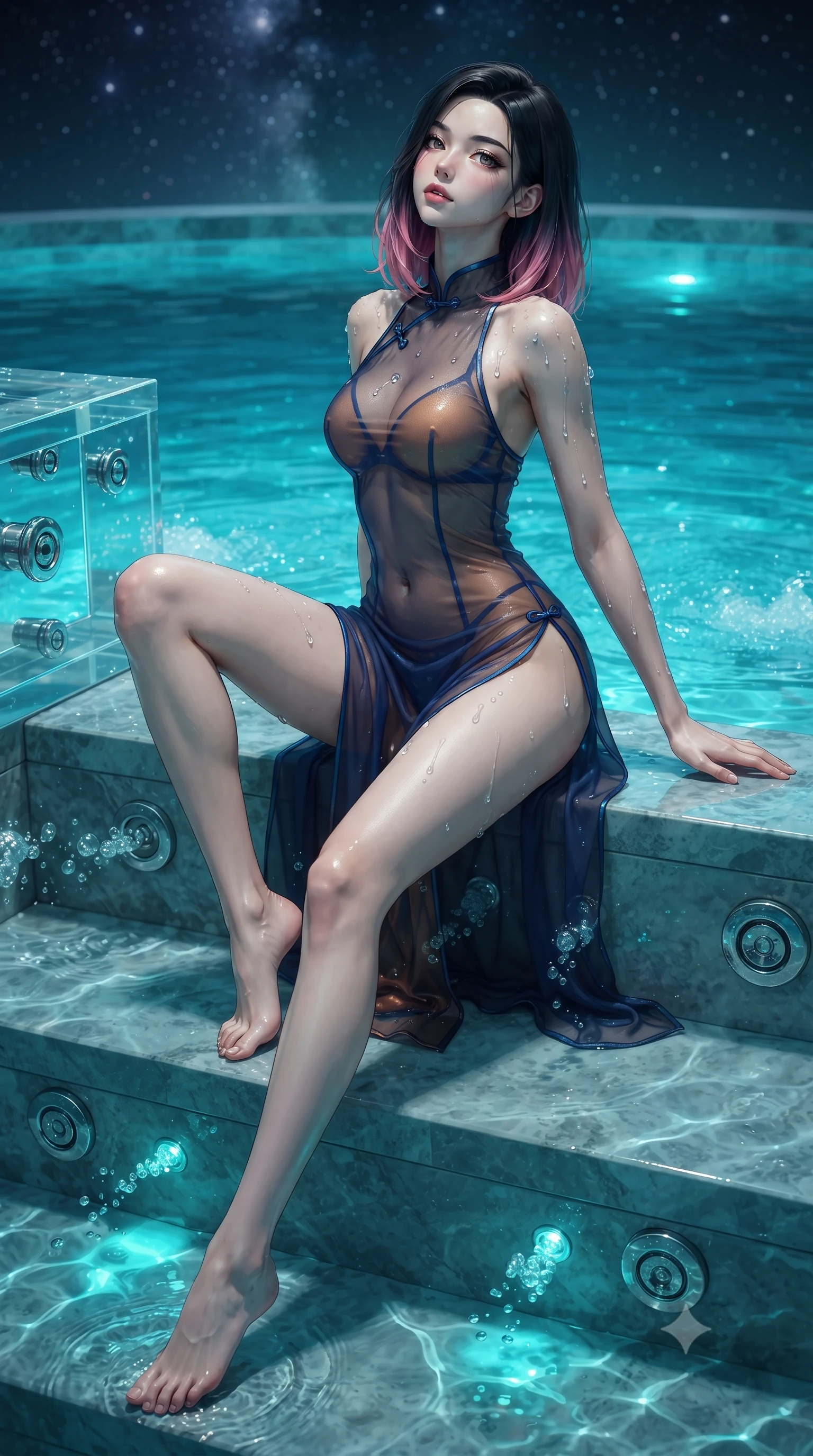 score_9, masterpiece, best quality, ultra-detailed, high-budget anime keyframe, editorial fashion photography, tasteful artistic composition, Korean woman. low angle full-body shot from head to toe showing her feet, filling the entire 9:16 vertical frame with her statuesque presence, stretching her vertical silhouette. sitting poised on the stone steps with one knee bent, arching her spine with supermodel elegance as she glances upward through thick eyelashes while twisting her slender torso in an alluring contrapposto stance, bubbling hydrotherapy jets and underwater turquoise LEDs tracing her curves. The surrounding environment is rendered in vivid detail and crisp panoramic clarity: sharp clear acrylic structural joints, stainless steel hydro jet nozzles, and glistening water ripples in deep focus. She has an absolutely perfect, statuesque 8.5-heads proportion, an exceptionally tall and slender model-like female figure with impossibly long slender legs, an ultra-slim waist, a flat toned midriff, narrow delicate ribcage, and beautifully sculpted feminine hips creating a graceful, slim hourglass silhouette without any bulky heaviness. sharp v-shaped jawline, high-bridge nose, sparkling eyes with hypnotic seductive depth, thick curled eyelashes, glossy parted lips with a natural dewy peach sheen, alluring bedroom-eyes with an enchanting coquettish smile, exuding magnetic siren charisma and sophisticated glamour, flawlessly proportioned anatomical accuracy, strict slender model proportions, natural body alignment, perfectly sculpted long slender limbs, ultra-slim waistline, clean dynamic posture without body distortion. wearing a modern cheongsam-inspired sheer mesh dress with high mandarin collar and daring hip-high double side slits in molten liquid bronze and deep sapphire navy, made of sheer gossamer chiffon that drapes softly against skin with airy translucence, finished with glistening drops of hot spring water beading across her sculpted shoulders and collarbones, the precision-cut side openings and low-back scoop framing her graceful spine and the sensual sweep of her slim, toned hips. bathed in vivid underwater cyan and turquoise LED light combined with crisp celestial starlight. ultra-reflective glossy finish, specular highlights, rich textural contrasts, high-contrast stereoscopic depth, volumetric dynamic lighting, 2k, ultra detail, master piece, 9:16 ratio