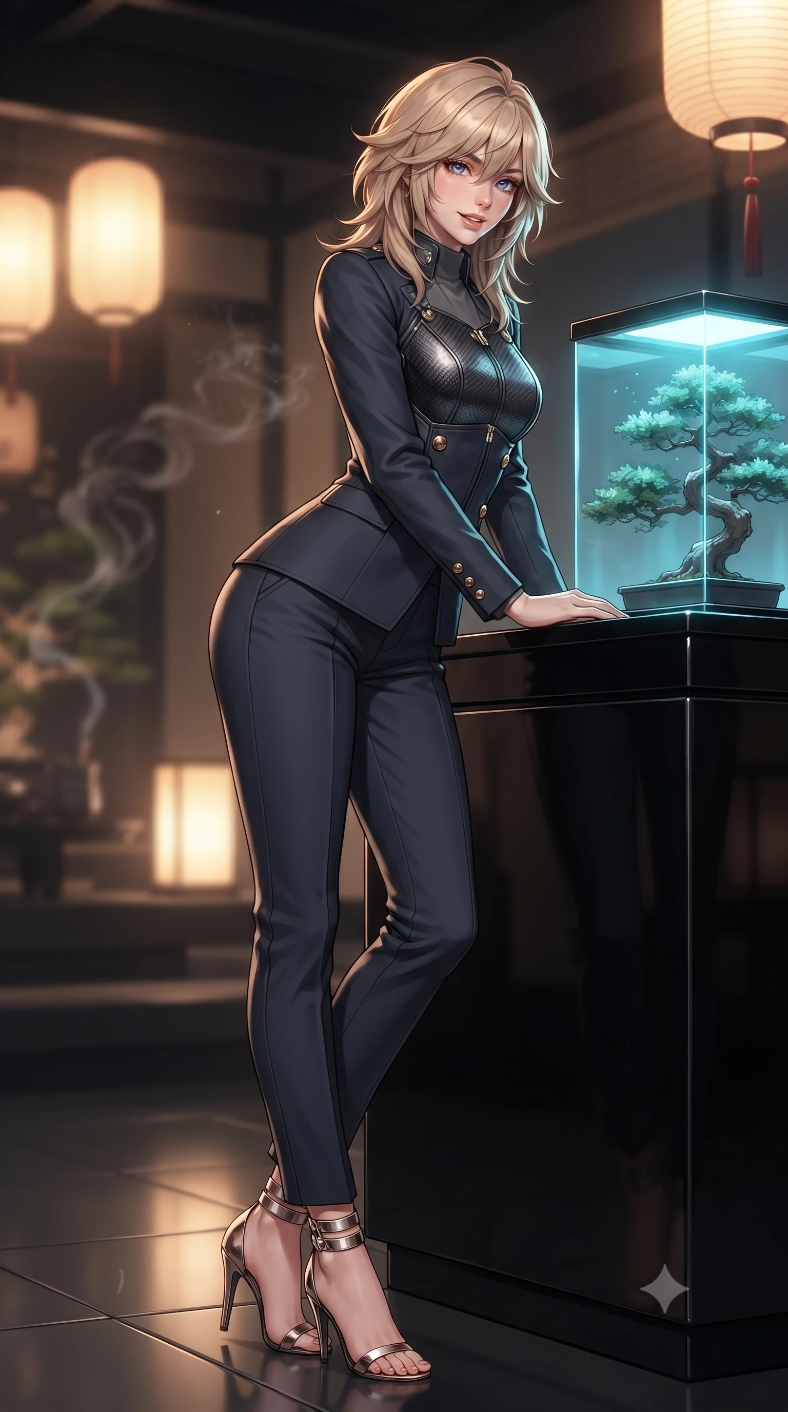 score_9, masterpiece, best quality, ultra-detailed, high-budget anime keyframe, editorial fashion photography, tasteful artistic composition, Japanese woman. low angle full-body shot from head to toe showing her feet, filling the entire 9:16 vertical frame with her statuesque presence, stretching her vertical silhouette. walking along the terrace with poise, looking back over her bare shoulder with an irresistible smoldering bedroom-gaze while leaning against the black lacquered tea counter with hips cocked back, gazing through the bulletproof glass at a miniature bonsai tree bathed in cyan cryo-light with bedroom-eyes. The background shows a soft-focus incense smoke curling in air softened in private cyber-teahouse sanctuary shallow focus. She has an exceptionally tall and slender model-like 8.5-heads proportion, an ultra-slim waist, a flat toned midriff, narrow delicate ribcage, and beautifully sculpted feminine hips creating a graceful, slim hourglass silhouette without any bulky heaviness, with impossibly long slender legs. sharp v-shaped jawline, high-bridge nose, intricate jewel-like sparkling eyes with depth, thick eyelashes, glossy parted lips with a natural peach sheen, bright cheerful beaming smile with an enchanting and coquettish sensual glint, exuding both youthful cute charm and seductive allure, flawlessly proportioned anatomical accuracy, strict slender model proportions, natural body alignment, perfectly sculpted long slender limbs, ultra-slim waistline, clean dynamic posture without body distortion. wearing a structured cyber-infantry dress uniform jacket with carbon-fiber chest plating and brass buttons over a mock-neck top and tailored wool trousers in tactical carbon navy and polished chrome, crafted from bespoke double-faced cashmere with an exceptionally soft tactile finish, complemented by strappy stiletto sandals with metallic ankle wraps accentuating her slender calves, the bespoke structured tailoring following the natural line of her 8.5-heads silhouette with refined elegance. bathed in the warm radiant 2400K glow of concealed paper lanterns contrasted with subtle cyan cryo-vessel accent lights. ultra-reflective glossy finish, specular highlights, rich textural contrasts, high-contrast stereoscopic depth, volumetric dynamic lighting, 2k, ultra detail, master piece, 9:16 ratio