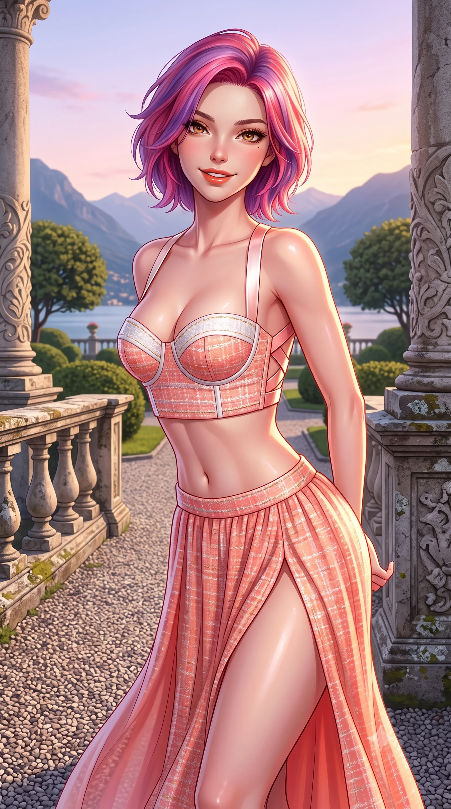 score_9, masterpiece, best quality, ultra-detailed, high-budget anime keyframe, semi-realistic 3D game render, editorial fashion photography, tasteful artistic composition, Caucasian woman. close-up cowboy shot from the waist and thighs up, the character dominates the composition, filling the frame with her large presence. resting both hands lightly behind her back while leaning toward the lens with a cheerful, teasing grin, her form-fitting outfit hugging her narrow waist and feminine hip curve while twisting her slender torso in an alluring contrapposto stance beside manicured holm oaks, her tailored resort silhouette highlighted by sunset. The surrounding environment is rendered in vivid detail and crisp panoramic clarity. sharp carved limestone column details, ancient stone balustrade lichens, and gravel garden path texture in deep focus. She has an exceptionally elegant, slender, and willowy female figure with an ultra-slim waist, flat toned midriff, narrow ribcage, and sculpted feminine hips creating an alluring, slim hourglass silhouette without bulk. sharp v-shaped jawline, high-bridge nose, sparkling amber-hazel eyes with depth, long lush eyelashes, glossy sun-kissed lips with a warm coral glaze, radiant teasing smile with sensual sunlit bedroom-eyes, exuding effortless old-money elegance and intoxicating sun-drenched allure, flawlessly proportioned anatomical accuracy, strict slender model proportions, natural body alignment, perfectly sculpted long slender limbs, ultra-slim waistline, clean dynamic posture without body distortion. wearing a flowing high-slit silk chiffon resort skirt paired with an architectural bustier top framing her flat midriff in vibrant sunset coral and cloud white, tailored from soft pastel resort tweed with subtle gold thread shimmer, finished with criss-cross back satin straps highlighting her graceful shoulder blades, the glove-like silhouette tightly following the natural contour of her hips and long slender legs with youthful 8.5-heads elegance. bathed in soft romantic evening light descending over the Como alpine basin. highly saturated vibrant anime colors, detailed shading with soft gradients, rich glossy textures, high-contrast stereoscopic depth, volumetric dynamic lighting, master piece, 9:16 ratio