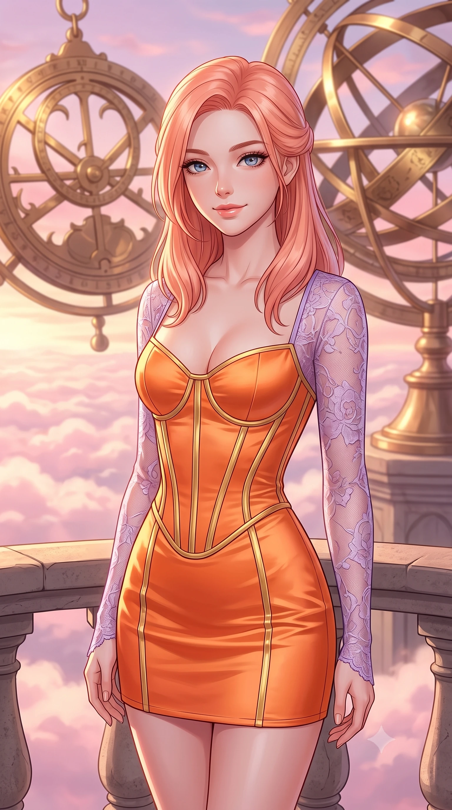 score_9, masterpiece, best quality, ultra-detailed, high-budget anime keyframe, editorial fashion photography, tasteful artistic composition, Japanese woman. close-up cowboy shot from the waist and thighs up, the character dominates the composition, filling the frame with her large presence, background elements kept in soft focus. Gently tilting her head with a serene, peaceful smile of quiet happiness. set against a soft-focus background of standing on the balcony of an ancient stone observatory with rotating brass astrolabes, looking out over a sea of pink-tinted clouds. She has an exceptionally elegant, slender, and willowy female figure with a highly-defined ultra-slim waist, a gracefully sculpted slender torso, and a refined slim-fit silhouette that contours her form. sharp v-shaped jawline, high-bridge nose, intricate jewel-like eyes with depth, thick eyelashes, glossy lips with a natural sheen. wearing a corset mini dress in bright tangerine satin, featuring visible gold bone structure and attached sheer lilac lace sleeves. warm dawn light reflecting off the brass instruments, painting the sky in pastel hues of pink and gold. 2k, ultra detail, master piece, 9:16 ratio