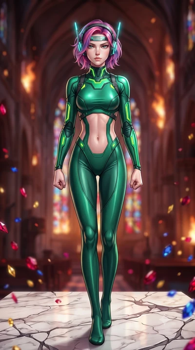 score_9, masterpiece, best quality, ultra-detailed, high-budget anime keyframe, semi-realistic 3D game render, editorial fashion photography, tasteful artistic composition, Caucasian woman. low angle full-body shot from head to toe showing her feet, 