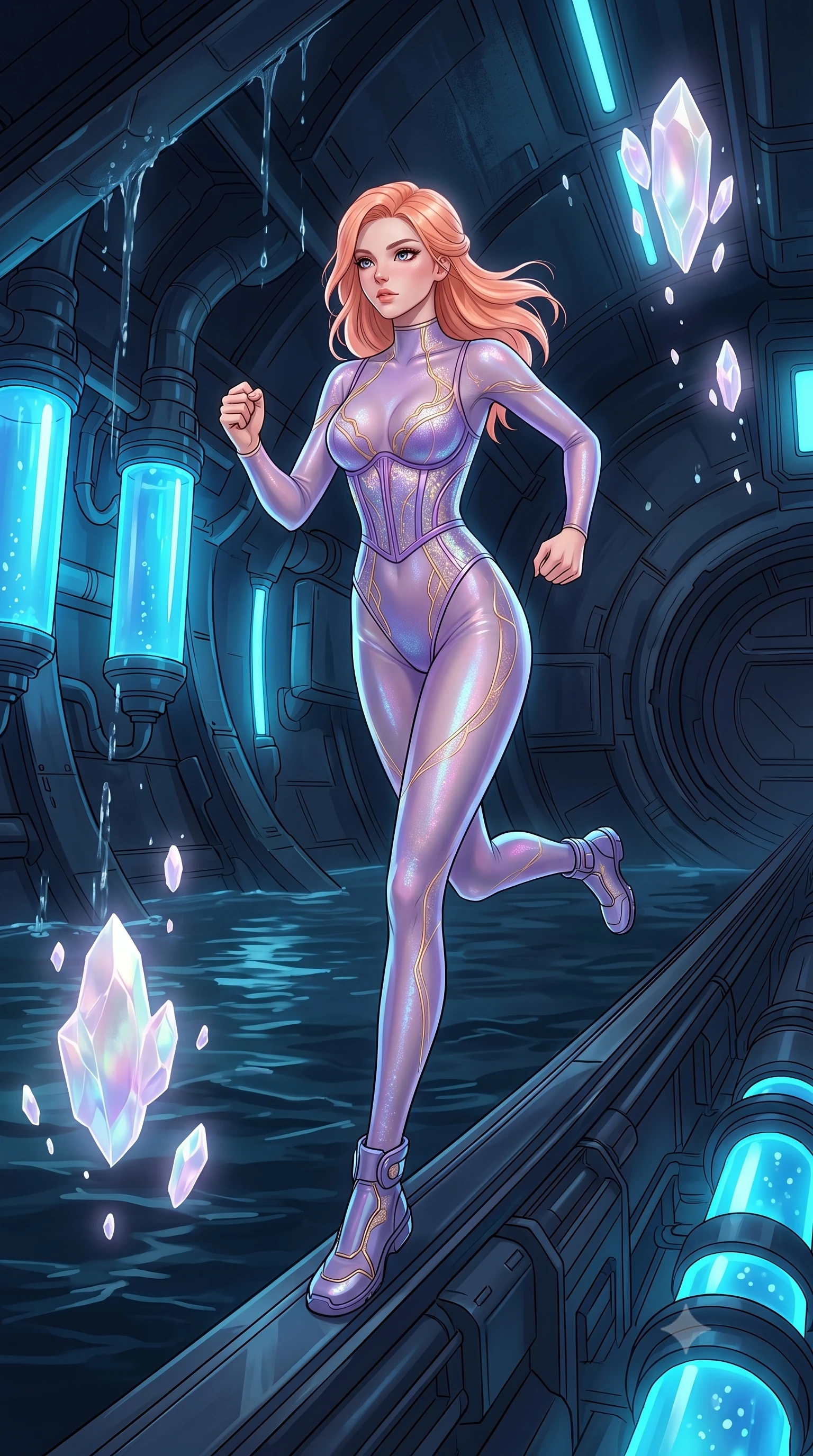 score_9, masterpiece, best quality, ultra-detailed, high-budget anime keyframe, editorial fashion photography, tasteful artistic composition, Japanese woman. low angle full-body shot from head to toe showing her feet, filling the entire 9:16 vertical frame with her statuesque presence, stretching her vertical silhouette. running along the outer hull of a giant starship in zero gravity, magnetic boots clinging to a vast dark underground water basin, with neon water filters glowing blue and water dripping from the ceiling. She has a statuesque 8.5-heads proportion, an exceptionally tall, slender and willowy model-like build with impossibly long legs and a highly sculpted ultra-slim waist. sharp v-shaped jawline, high-bridge nose, intricate jewel-like eyes with depth, thick eyelashes, glossy lips with a natural sheen. wearing catching and diffusing the glowing particles, shimmering softly in response to the surrounding light, a body-hugging sheer holographic bodysuit in violet, featuring embedded gold-lace circuits and a matching underbust corset. highly saturated vibrant anime colors, intense vivid color palette, soft 3D volumetric shading, volumetric dynamic lighting, ethereal pearlescent light emanating from floating crystalline formations all around. 2k, ultra detail, master piece, 9:16 ratio