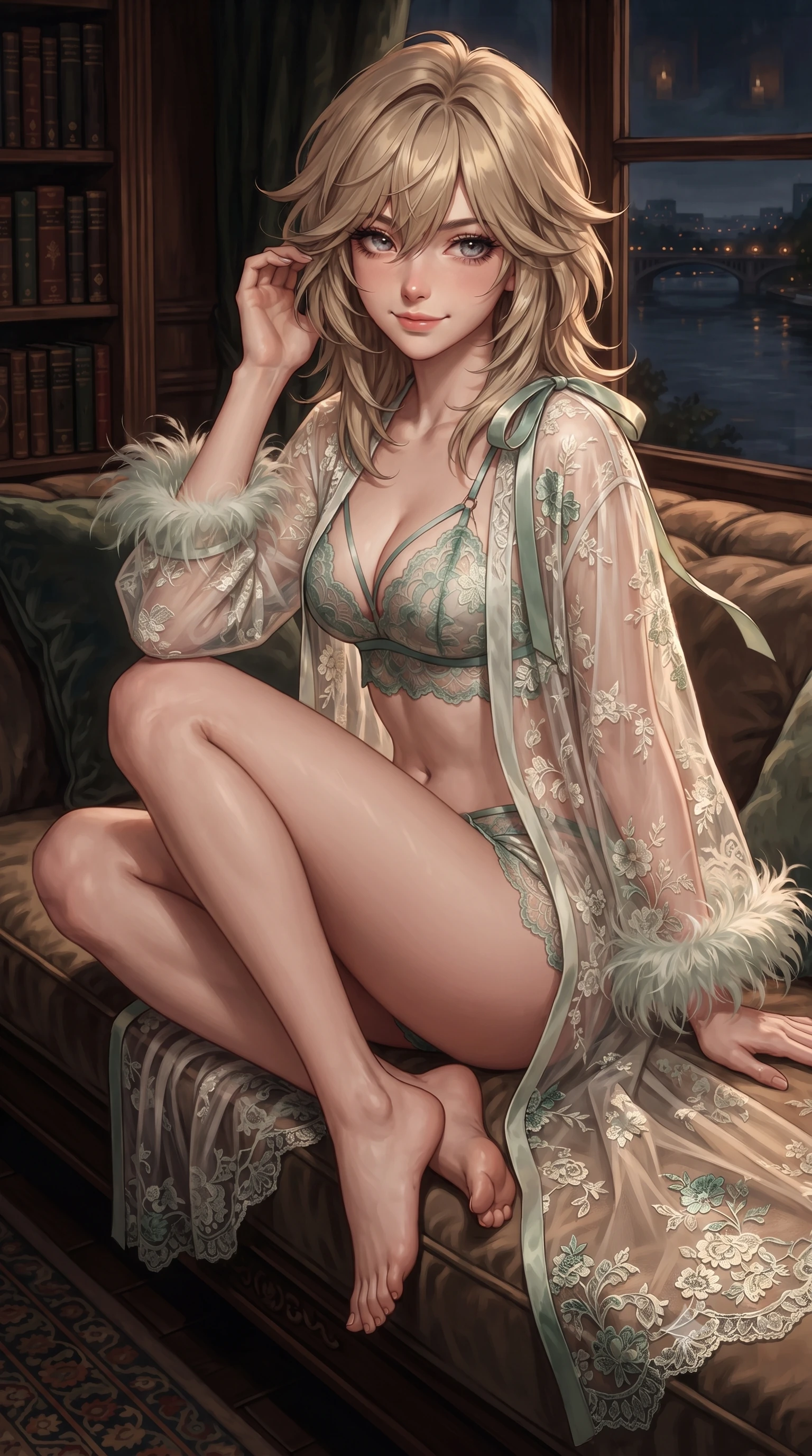 score_9, masterpiece, best quality, ultra-detailed, high-budget anime keyframe, editorial fashion photography, tasteful artistic composition, Japanese woman. close-up cowboy shot from the waist and thighs up, the character dominates the composition, filling the frame with her large presence. gently brushing a lock of hair behind her ear while casting a playful, flirtatious side-gaze with long eyelashes while curled gracefully on the oversized velvet window banquette overlooking the dark river, turning with an alluring, coquettish smile. The surrounding environment is rendered in vivid detail and crisp panoramic clarity: sharp carved oak bookcase tracery, wrought-iron spiral baluster curves, and hand-knotted wool rug weave in deep focus. She has an exceptionally elegant, slender, and willowy female figure with an ultra-slim waist, flat toned midriff, narrow ribcage, and sculpted feminine hips creating an alluring, slim hourglass silhouette without bulk. sharp v-shaped jawline, high-bridge nose, intricate jewel-like sparkling eyes with depth, thick eyelashes, glossy parted lips with a natural peach sheen, bright cheerful beaming smile with an enchanting and coquettish sensual glint, exuding both youthful cute charm and seductive allure, flawlessly proportioned anatomical accuracy, strict slender model proportions, natural body alignment, perfectly sculpted long slender limbs, ultra-slim waistline, clean dynamic posture without body distortion. wearing a delicate translucent silk boudoir robe with feather-trimmed cuffs worn open over a strappy lace bralette and micro-shorts in Namsan moonlit mist ivory and jade pine green, made of delicate embroidered tulle lace with intricate floral motifs and soft transparency, finished with satin ribbon ties at the shoulders fluttering in the gentle breeze, the glove-like clinging cut tightly following the natural contour of her hips and long slender legs with youthful 8.5-heads elegance. bathed in the rich chiaroscuro glow of natural dancing hearth firelight and warm library reading sconces. ultra-reflective glossy finish, specular highlights, rich textural contrasts, high-contrast stereoscopic depth, volumetric dynamic lighting, 2k, ultra detail, master piece, 9:16 ratio