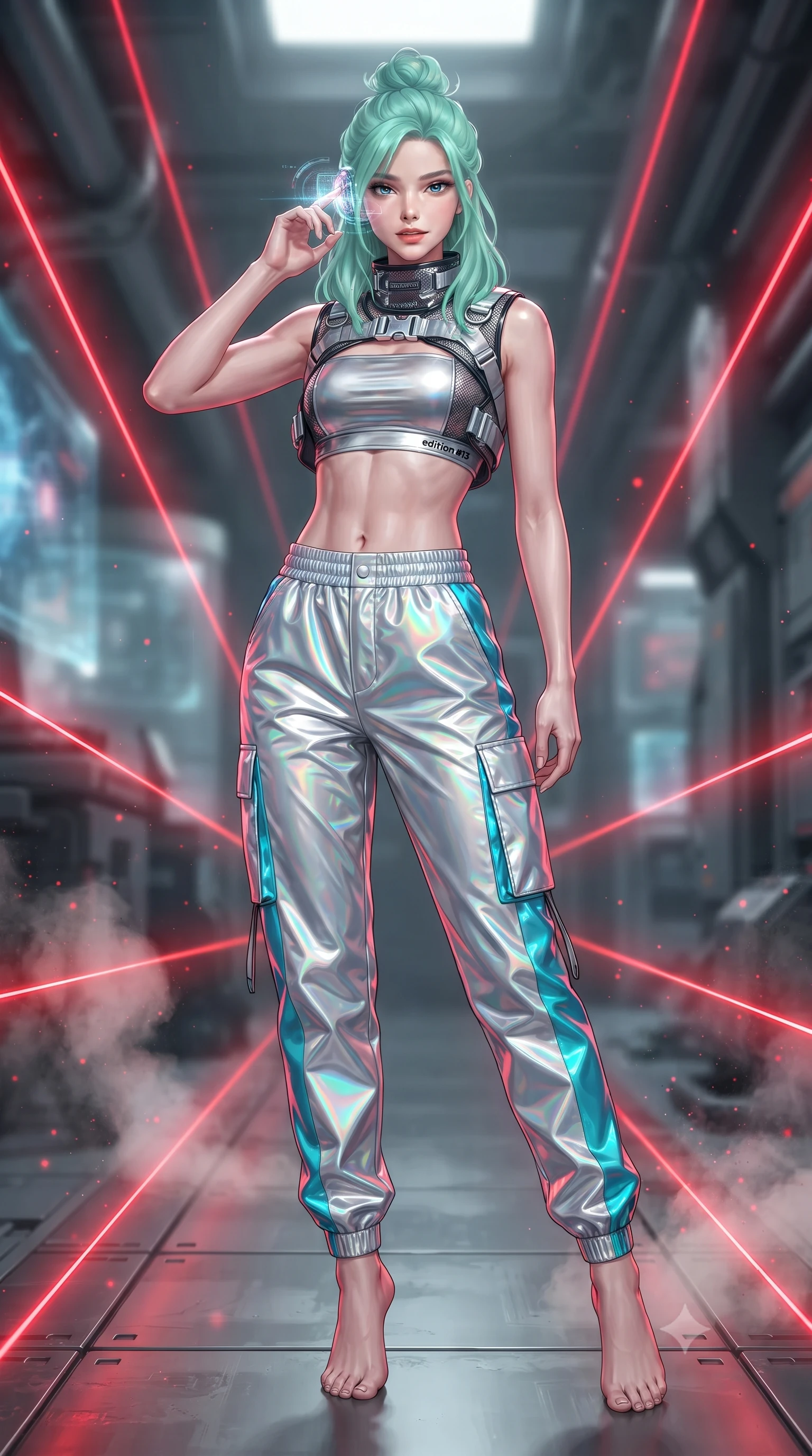 score_9, masterpiece, best quality, ultra-detailed, high-budget anime keyframe, editorial fashion photography, tasteful artistic composition, Japanese woman. low angle full-body shot from head to toe showing her feet, filling the entire 9:16 vertical frame with her statuesque presence, stretching her vertical silhouette. landing lightly on the balls of her feet in a balanced kinetic stance, eyes locked onto the camera with fearless allure while standing poised between narrow laser beam corridors, tapping her holographic earpiece with a cool, triumphant smirk. The composition keeps background elements in soft focus with creamy bokeh. cooling vapor wisps and airborne particulate dust catching bright red laser beam motes. She has an absolutely perfect, statuesque 8.5-heads proportion, an exceptionally tall and slender model-like female figure with impossibly long slender legs, a toned flat midriff, and an ultra-slim waist. sharp v-shaped jawline, high-bridge nose, intricate jewel-like eyes with depth, thick eyelashes, glossy lips with a natural sheen, captivating and magnetic expression, flawlessly proportioned anatomical accuracy, strict slender model proportions, natural body alignment, perfectly sculpted long slender limbs, ultra-slim waistline, clean dynamic posture without body distortion. wearing a futuristic cropped tech-harness vest worn over a silver reflective tube top and high-rise metallic parachute cargo pants in holographic silver and electric cyan, crafted from high-gloss metallic ripstop nylon and flexible carbon mesh, detailed with heavy-duty chrome quick-release buckles and D-ring straps edition #13, the form-contouring material adhering flawlessly to her sculpted flat midriff and slender torso, emphasizing her long leg lines and perfectly proportioned willowy build. illuminated by crisp directional rim lighting sharply carving her ultra-slim waist and sculpted silhouette. ultra-reflective glossy finish, specular highlights, rich textural contrasts, high-contrast stereoscopic depth, volumetric dynamic lighting, 2k, ultra detail, master piece, 9:16 ratio
