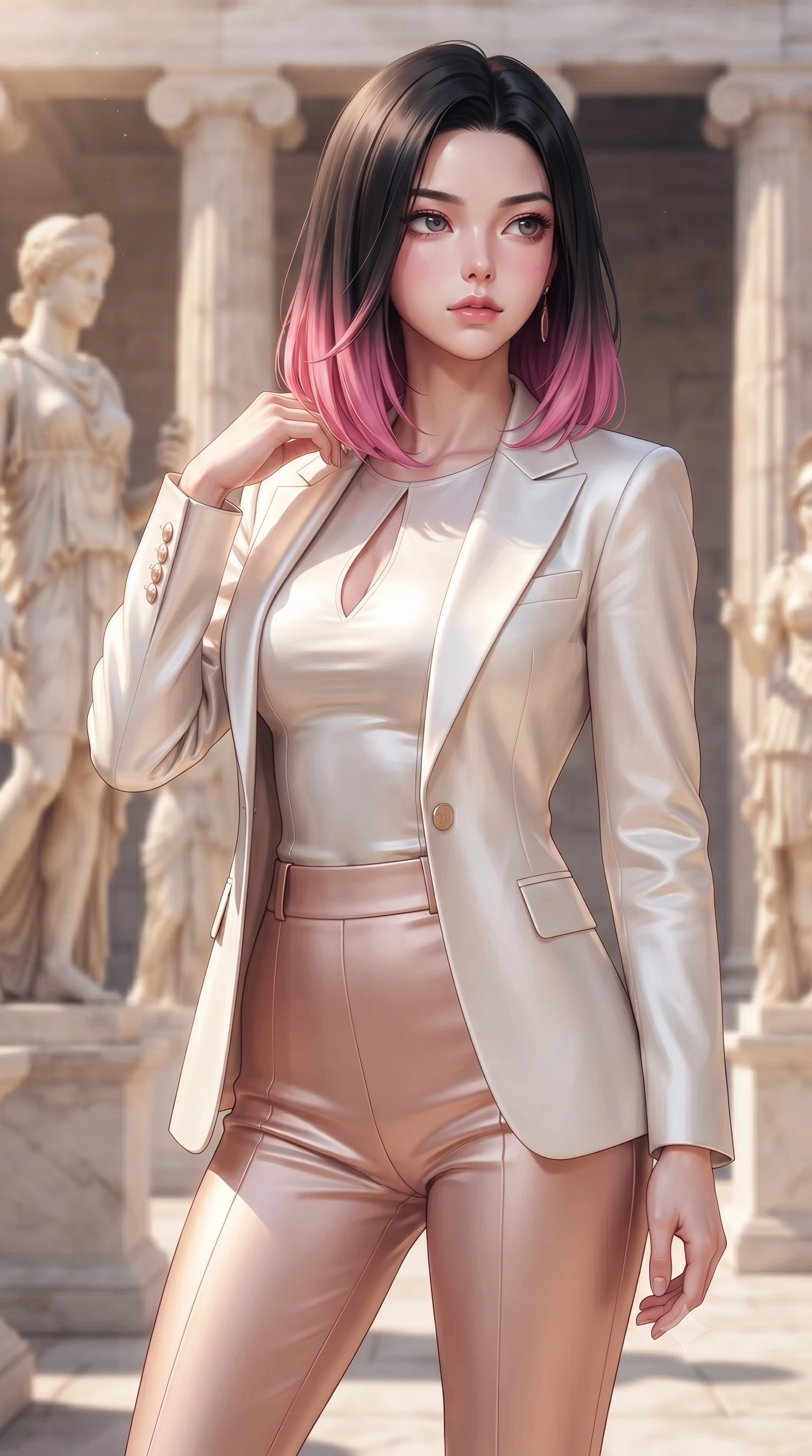 score_9, masterpiece, best quality, ultra-detailed, high-budget anime keyframe, editorial fashion photography, tasteful artistic composition, Korean woman. close-up cowboy shot from the waist and thighs up, the character dominates the composition, filling the frame with her large presence, background elements kept in soft focus. Gazing past the camera with an air of effortless elegance and mysterious confidence standing among classical Greek marble statues in an open-air sunlit acropolis, draped metallic fabric echoing the graceful carved folds of classical sculptures. She has an exceptionally elegant, slender, and willowy female figure with an ultra-slim waist, a gracefully sculpted slender torso, and a refined silhouette. sharp v-shaped jawline, high-bridge nose, intricate jewel-like eyes with depth, thick eyelashes, glossy lips with a natural sheen. wearing a tailored silk blazer over a form-contouring top and fitted slacks in pearl white and rose gold, formed from sleek second-skin neoprene, accented with a Tasteful chest slit framing her clavicle gracefully, the tailored fabric tightly following every curve of her athletic build. illuminated by warm marble reflections and soft, elegant shading. highly saturated vibrant anime colors, detailed shading with soft gradients, rich glossy textures, high-contrast stereoscopic depth, volumetric dynamic lighting, master piece, 9:16 ratio
