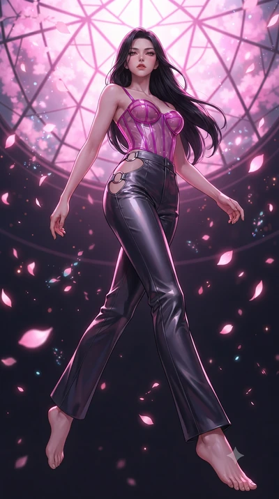 score_9, masterpiece, best quality, ultra-detailed, high-budget anime keyframe, editorial fashion photography, tasteful artistic composition, Korean woman. low angle full-body shot from head to toe showing her feet, filling the entire 9:16 vertical f