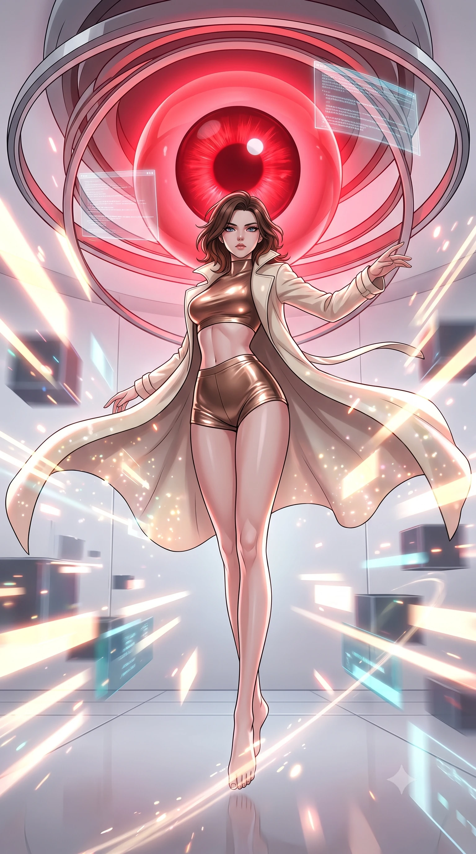 score_9, masterpiece, best quality, ultra-detailed, high-budget anime keyframe, clean line-art, cel-shading, Korean woman. low angle full-body shot from head to toe showing her feet, filling the entire 9:16 vertical frame with her statuesque presence, stretching her vertical silhouette. weaving gracefully through a barrage of glowing obstacles in a blur of motion inside a futuristic white room where a giant red AI eye floats in the center, surrounded by rotating metal rings and data screens. She has a statuesque 8.5-heads proportion, an exceptionally tall, slender and willowy model-like build with impossibly long legs and a highly sculpted ultra-slim waist. sharp v-shaped jawline, high-bridge nose, intricate jewel-like eyes with depth, thick eyelashes, glossy lips with a natural sheen. wearing catching and diffusing the glowing particles, shimmering softly in response to the surrounding light, a body-hugging metallic bronze crop top paired with high-waisted matching micro-shorts, under a flowing cream trench coat. soft glowing ambient light with sharp side key light tracing the sleek contours of her figure. highly saturated vibrant anime colors, intense vivid color palette, volumetric dynamic lighting, 2k, ultra detail, master piece, 9:16 ratio