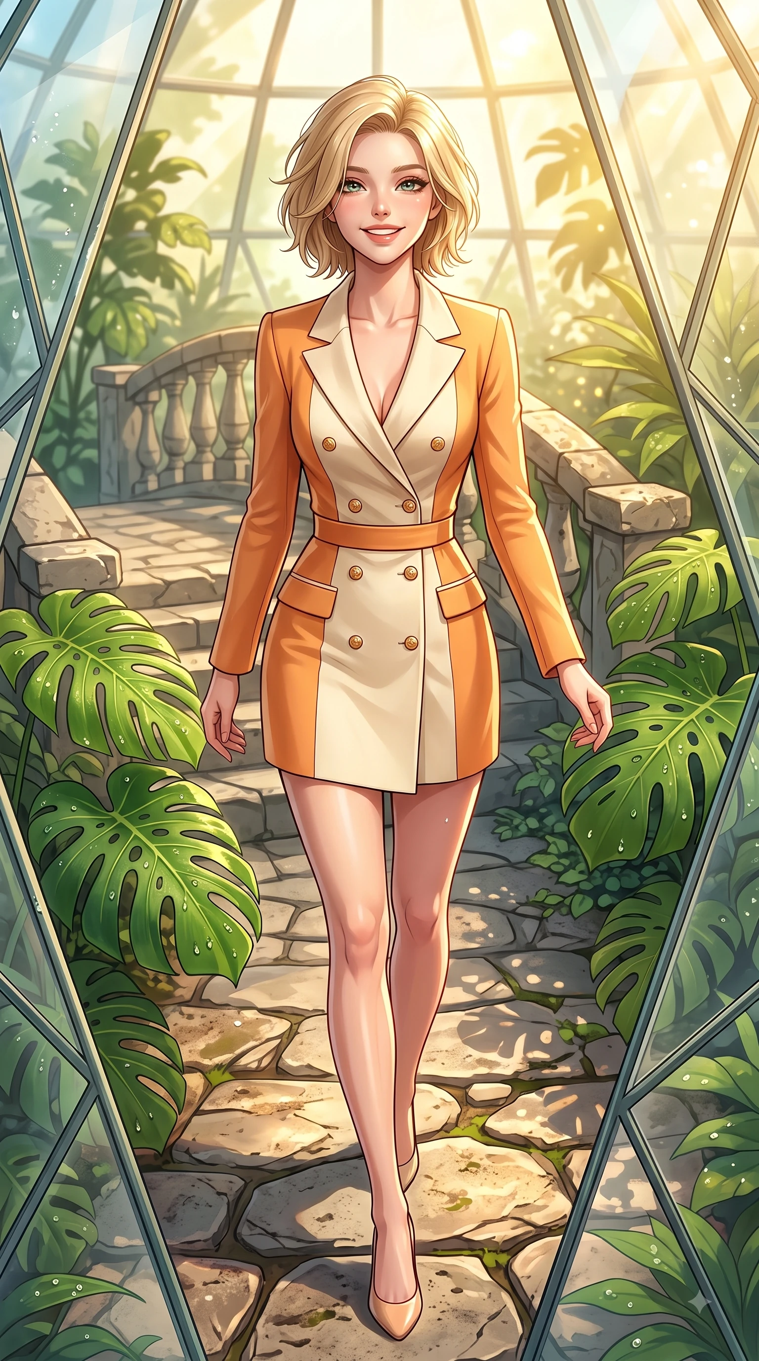 score_9, masterpiece, best quality, ultra-detailed, high-budget anime keyframe, editorial fashion photography, tasteful artistic composition, Caucasian woman. close-up cowboy shot from the waist and thighs up, the character dominates the composition, filling the frame with her large presence. Tilting her chin up with a sweet beaming smile of pure delight while balancing dynamically amidst the scene while walking along a stone path in a sunlit botanical greenhouse surrounded by tropical greenery. The surrounding environment is rendered in vivid detail and crisp panoramic clarity. dewdrops on Monstera leaves, stone bridge details, and clear glass geometric panels in crisp resolution. She has an exceptionally elegant, slender, and willowy female figure with an ultra-slim waist, a gracefully sculpted slender torso, and a refined silhouette. sharp v-shaped jawline, high-bridge nose, intricate jewel-like eyes with depth, thick eyelashes, glossy lips with a natural sheen, flawlessly proportioned anatomical accuracy, natural body alignment, perfectly sculpted elegant limbs, clean dynamic posture without body distortion. wearing a tailored double-breasted blazer dress with a sleek waist belt and clean lines in warm apricot orange and cream white, made of premium stretch jersey that follows her curves like a glove, adorned with delicate gold buttons along the front, the form-contouring material highlighting her ultra-slim waist and long lines. bathed in brilliant golden sunlight filtering through conservatory glass panes. highly saturated vibrant anime colors, detailed shading with soft gradients, rich glossy textures, high-contrast stereoscopic depth, volumetric dynamic lighting, master piece, 9:16 ratio