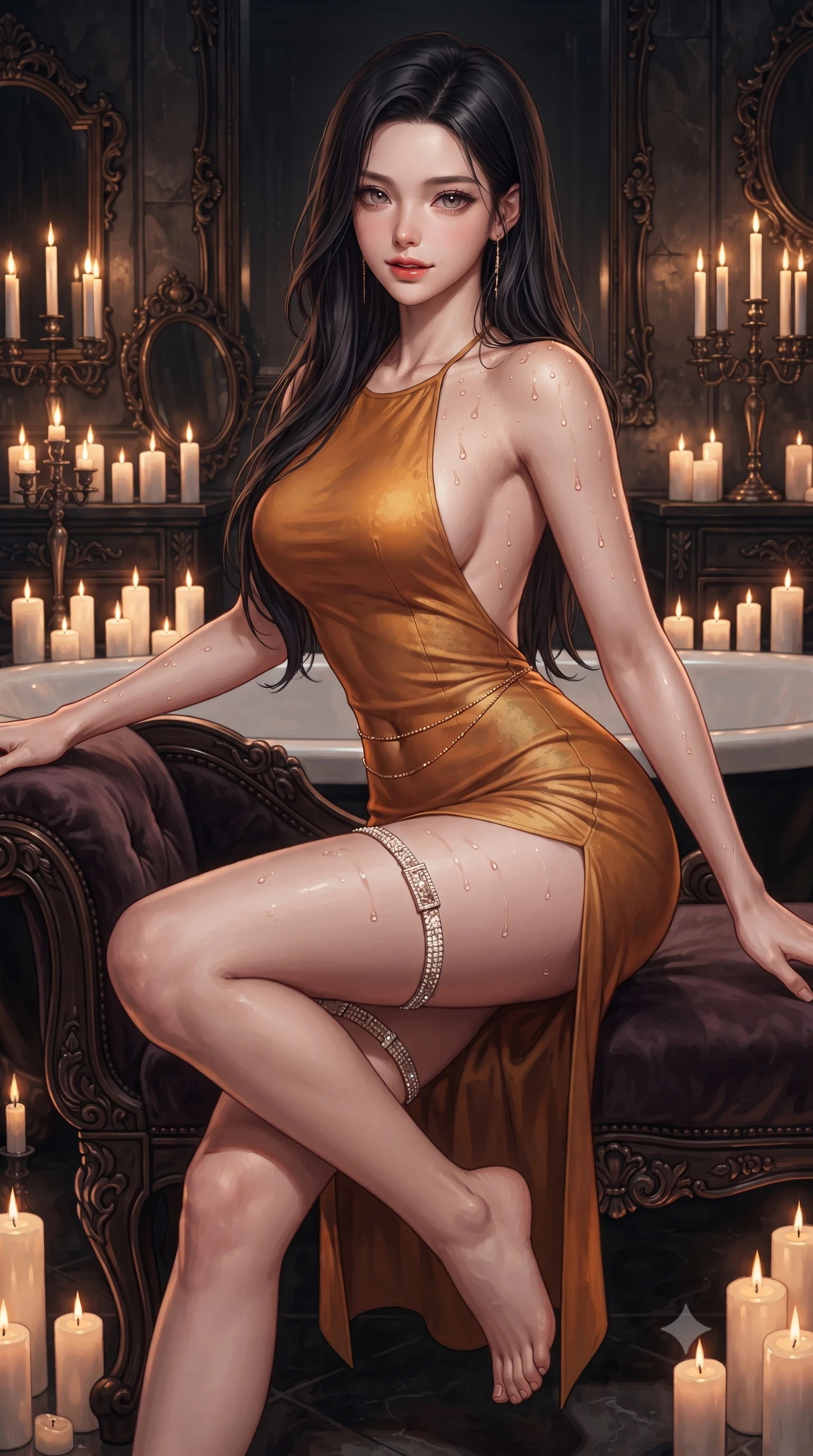 score_9, masterpiece, best quality, ultra-detailed, high-budget anime keyframe, editorial fashion photography, tasteful artistic composition, Korean woman. close-up cowboy shot from the waist and thighs up, the character dominates the composition, filling the frame with her large presence. perched sideways on the lounge seat, one knee drawn up to showcase her slender leg line while her arched back accentuates her feminine hip curve while twisting her slender torso in an alluring S-curve, aromatic rosewater droplets beading across her sculpted bare shoulders and flat midriff. The surrounding environment is rendered in vivid detail and crisp panoramic clarity: detailed wet-look satin slip cling, delicate gold waist chain shine, and bespoke gothic bathroom craftsmanship in high resolution. She has an exceptionally elegant, slender, and willowy female figure with an ultra-slim waist, flat toned midriff, narrow ribcage, and sculpted feminine hips creating an alluring, slim hourglass silhouette without bulk. sharp v-shaped jawline, high-bridge nose, sparkling eyes with hypnotic seductive depth, thick curled eyelashes, glossy parted lips with a natural dewy peach sheen, alluring bedroom-eyes with an enchanting coquettish smile, exuding magnetic siren charisma and sophisticated glamour, flawlessly proportioned anatomical accuracy, strict slender model proportions, natural body alignment, perfectly sculpted long slender limbs, ultra-slim waistline, clean dynamic posture without body distortion. wearing a slinky backless halterneck column mini dress clinging like a second skin with deep geometric side slits in warm amber honey and antique gold leaf with dark shadow gradients, tailored from fine structural neoprene with crisp architectural edges and smooth contouring, finished with delicate crystal-encrusted thigh garter straps glinting under the lights, the liquid-tight tailored fabric clinging flawlessly to her narrow waist and rounded feminine hips, emphasizing every millimeter of her sculpted slim hourglass curves without any bulky heaviness. bathed in the warm flickering glow of dozens of pillar candles surrounding the tub. ultra-reflective glossy finish, specular highlights, rich textural contrasts, high-contrast stereoscopic depth, volumetric dynamic lighting, 2k, ultra detail, master piece, 9:16 ratio