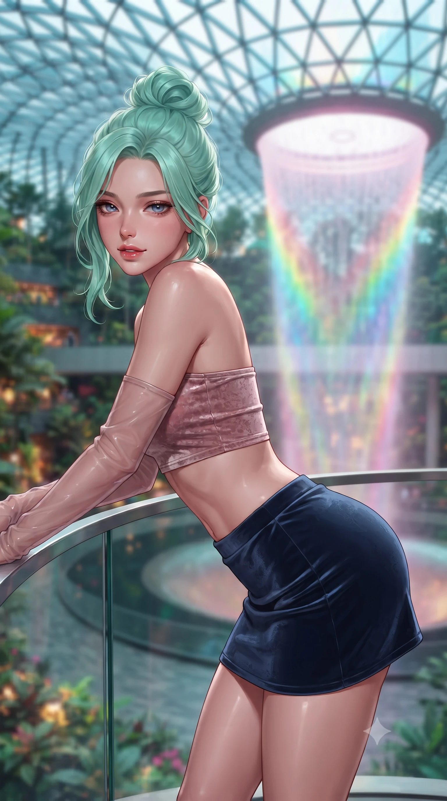 score_9, masterpiece, best quality, ultra-detailed, high-budget anime keyframe, editorial fashion photography, tasteful artistic composition, Japanese woman. close-up cowboy shot from the waist and thighs up, the character dominates the composition, filling the frame with her large presence. leaning forward while arching her lower back to accentuate her curvy hips, looking into the camera with an intoxicating smoldering gaze and bedroom-eyes while leaning against the curved glass balustrade with hips cocked back, looking through swirling illuminated waterfall mist with heavy-lidded bedroom-eyes. The background shows a soft-focus colossal indoor circular waterfall illuminated in prismatic rainbow light, multi-tiered indoor rainforest terraces, and glass toroidal roof blurred into emerald, cyan, and rose bokeh. She has an exceptionally elegant, slender, and willowy female figure with an ultra-slim waist, flat toned midriff, narrow ribcage, and sculpted feminine hips creating an alluring, slim hourglass silhouette without bulk. sharp v-shaped jawline, high-bridge nose, intricate jewel-like sparkling eyes with depth, thick eyelashes, glossy parted lips with a natural peach sheen, bright cheerful beaming smile with an enchanting and coquettish sensual glint, exuding both youthful cute charm and seductive allure, flawlessly proportioned anatomical accuracy, strict slender model proportions, natural body alignment, perfectly sculpted long slender limbs, ultra-slim waistline, clean dynamic posture without body distortion. wearing an ultra-cropped fitted bandeau top paired with a micro mini tennis skirt revealing her flat midriff in Brittany pink granite rose and deep Atlantic navy, tailored from ultra-plush silk velvet with rich tactile depth and deep shadow gradients, complemented by sheer opera-length evening gloves tracing her slender arms, the impeccably tailored cut draping gracefully along her slender figure with aristocratic poise. bathed in the dynamic multi-colored projection mapping of the waterfall vortex combined with soft warm botanical uplights. ultra-reflective glossy finish, specular highlights, rich textural contrasts, high-contrast stereoscopic depth, volumetric dynamic lighting, 2k, ultra detail, master piece, 9:16 ratio