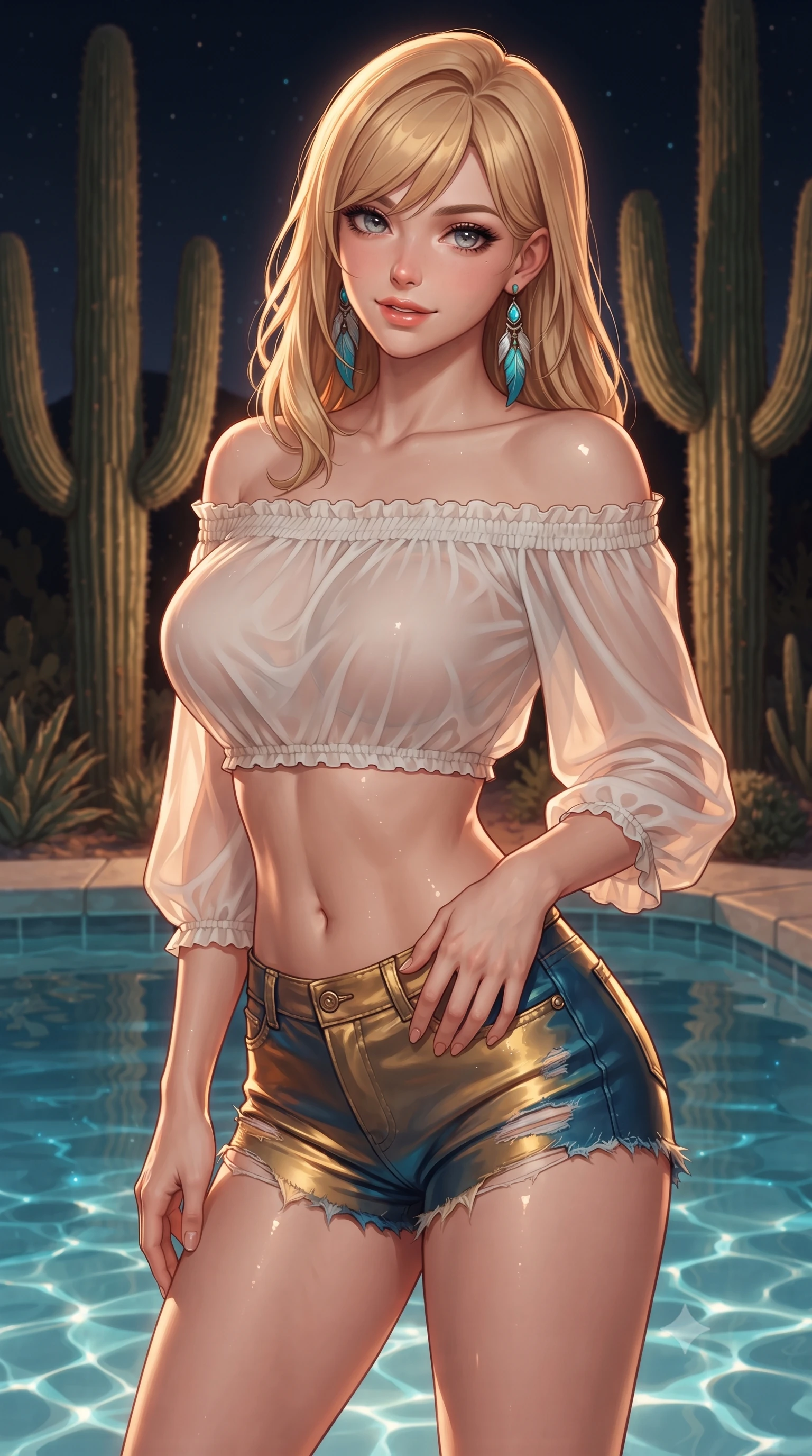 score_9, masterpiece, best quality, ultra-detailed, high-budget anime keyframe, editorial fashion photography, tasteful artistic composition, Caucasian woman. close-up cowboy shot from the waist and thighs up, the character dominates the composition, filling the frame with her large presence. tilting her head with a teasing half-smile, running one hand slowly down the side of her hip in a flirtatious S-curve as ambient light caresses her silhouette while twisting her slender torso in an alluring contrapposto stance, warm desert night air rustling the towering saguaro cacti behind her. The surrounding environment is rendered in vivid detail and crisp panoramic clarity: sharp pool water ripple surface reflections, saguaro cactus ribbed spine texture, and concrete pool coping in deep focus. She has an exceptionally elegant, slender, and willowy female figure with an ultra-slim waist, flat toned midriff, narrow ribcage, and sculpted feminine hips creating an alluring, slim hourglass silhouette without bulk. sharp v-shaped jawline, high-bridge nose, sparkling eyes with hypnotic seductive depth, thick curled eyelashes, glossy parted lips with a natural dewy peach sheen, alluring bedroom-eyes with an enchanting coquettish smile, exuding magnetic siren charisma and sophisticated glamour, flawlessly proportioned anatomical accuracy, strict slender model proportions, natural body alignment, perfectly sculpted long slender limbs, ultra-slim waistline, clean dynamic posture without body distortion. wearing an off-the-shoulder sheer peasant crop blouse with elastic ruched neckline paired with tight distressed cutoff shorts in molten liquid gold and deep ocean sapphire, crafted from fluid liquid silk satin that clings smoothly to every curve with a dewy sheen, accented with turquoise and silver bohemian feather earrings swaying near her bare neck, the precision-cut side openings and low-back scoop framing her graceful spine and the sensual sweep of her slim, toned hips. illuminated by pool water caustic bounce and sharp turquoise rim lights sculpting her jawline, flat midriff, and voluptuous hip curves. ultra-reflective glossy finish, specular highlights, rich textural contrasts, high-contrast stereoscopic depth, volumetric dynamic lighting, 2k, ultra detail, master piece, 9:16 ratio