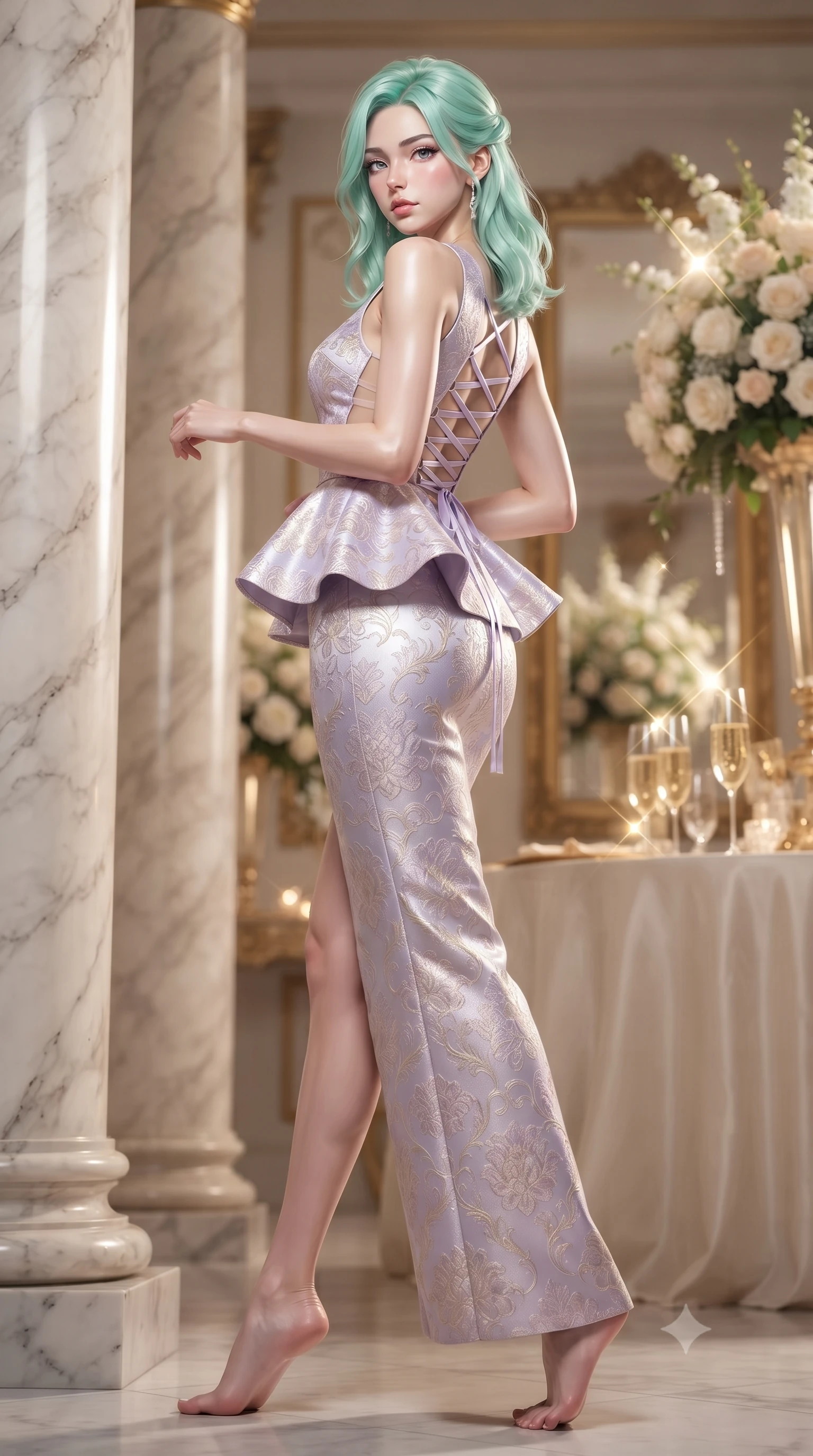 score_9, masterpiece, best quality, ultra-detailed, high-budget anime keyframe, editorial fashion photography, tasteful artistic composition, Japanese woman. low angle full-body shot from head to toe showing her feet, filling the entire 9:16 vertical frame with her statuesque presence, stretching her vertical silhouette. landing lightly on the balls of her feet in a balanced kinetic stance, eyes locked onto the camera with fearless allure while pivoting dynamically beside colossal marble columns as golden champagne toasts catch dazzling light highlights. The composition keeps background elements in soft focus with creamy bokeh. gilded mirror reflections and towering floral centerpieces softened in glamorous shallow focus. She has an absolutely perfect, statuesque 8.5-heads proportion, an exceptionally tall and slender model-like female figure with impossibly long slender legs, a toned flat midriff, and an ultra-slim waist. sharp v-shaped jawline, high-bridge nose, intricate jewel-like eyes with depth, thick eyelashes, glossy lips with a natural sheen, captivating and magnetic expression, flawlessly proportioned anatomical accuracy, strict slender model proportions, natural body alignment, perfectly sculpted long slender limbs, ultra-slim waistline, clean dynamic posture without body distortion. wearing a structural geometric peplum gown with sheer side-ribbon cutouts and form-fitting skirt in pearlescent opal with soft violet luster, made of rich embossed floral silk jacquard with subtle gold thread, featuring a criss-cross satin back lacing highlighting her graceful shoulder blades, the form-contouring material adhering flawlessly to her sculpted flat midriff and slender torso, emphasizing her long leg lines and perfectly proportioned willowy build. illuminated by crisp specular highlights tracing her sculpted flat midriff, collarbones, and long legs. ultra-reflective glossy finish, specular highlights, rich textural contrasts, high-contrast stereoscopic depth, volumetric dynamic lighting, 2k, ultra detail, master piece, 9:16 ratio