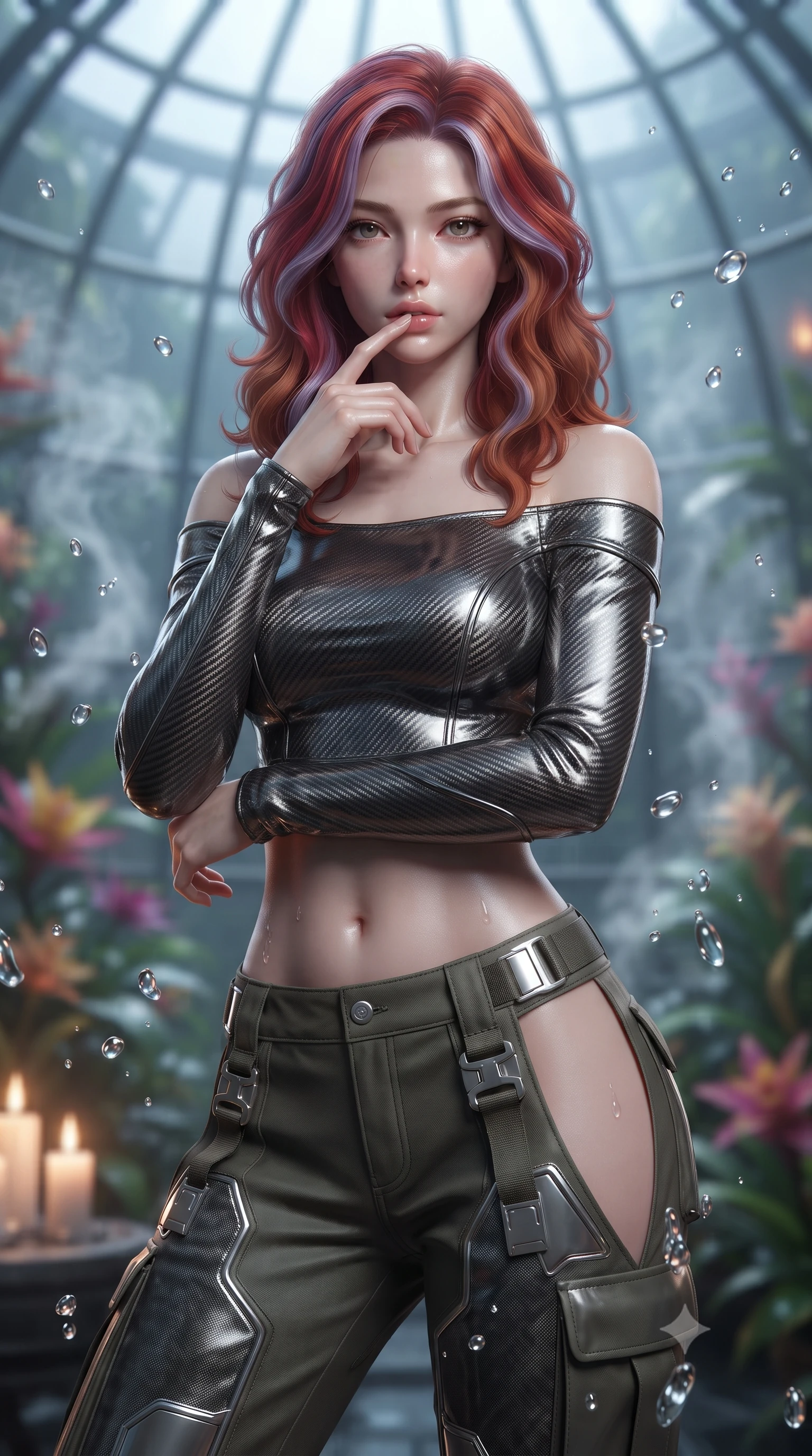 score_9, masterpiece, best quality, ultra-detailed, high-budget anime keyframe, editorial fashion photography, tasteful artistic composition, Caucasian woman. close-up cowboy shot from the waist and thighs up, the character dominates the composition, filling the frame with her large presence, background elements kept in soft focus. pressing one finger to her bottom lip in a thoughtful, composed gesture, locking eyes with the viewer, the background shows a soft-focus a glass dome botanical garden in orbit, filled with tropical flowers and steam. She has an exceptionally elegant, slender, and willowy female figure with an ultra-slim waist, a gracefully sculpted slender torso, and a refined silhouette. sharp v-shaped jawline, high-bridge nose, intricate jewel-like eyes with depth, thick eyelashes, glossy lips with a natural sheen. wearing a slim-fit off-shoulder carbon-fiber armor top paired with high-slit tactical cargo pants, showing her delicately sculpted midriff. soft flickering candle glow refracting through the moving water droplets. ultra-reflective glossy finish, specular highlights, metallic sheen, high-contrast stereoscopic depth, volumetric dynamic lighting, 2k, ultra detail, master piece, 9:16 ratio