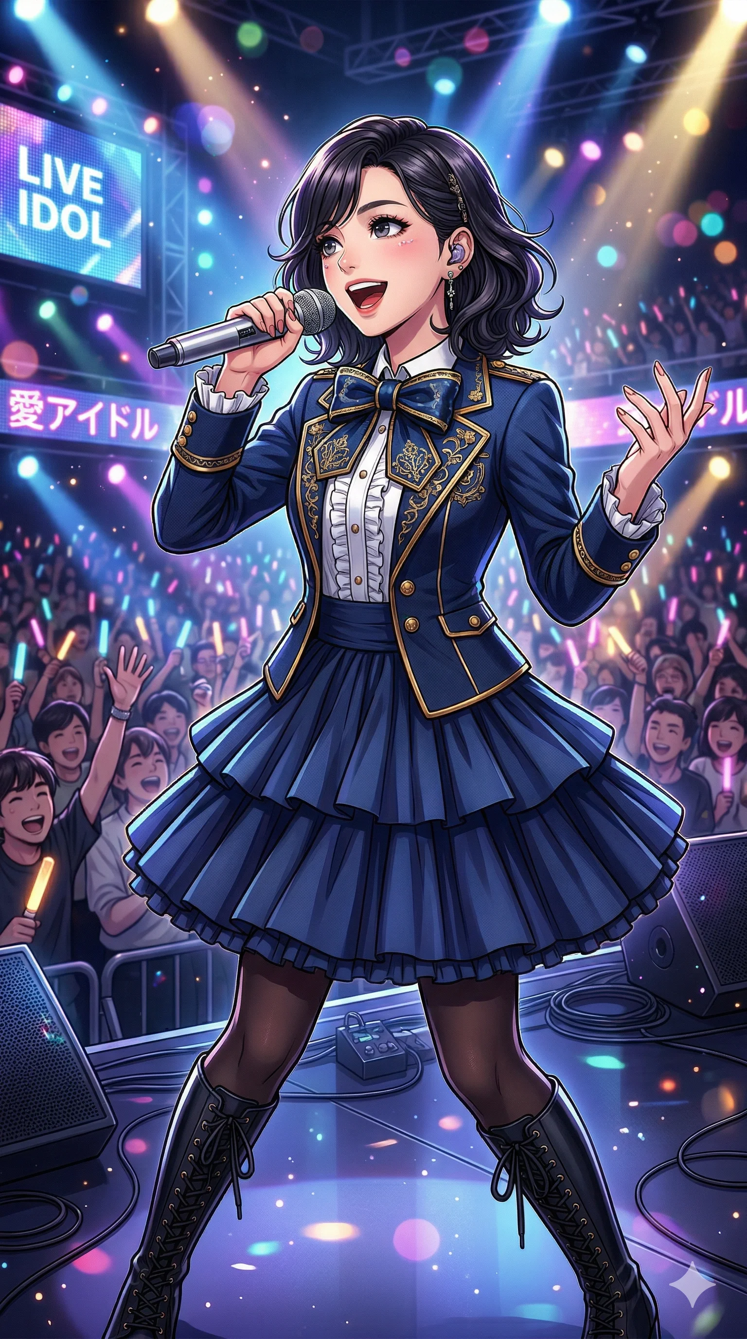 A vibrant female idol, 175 cm tall, with long, colored hair (blonde with pink tips) and emphasized eye color. Her outfit is a modern stage look, combining Korean, Japanese, and Western performance styles, featuring a holographic crop top, mini skirt, and chunky boots. The background includes warped neon signs and digital noise motifs, with emotional exaggeration and distorted perspective. 4k, ultra detail, master piece, 9:16 ratio