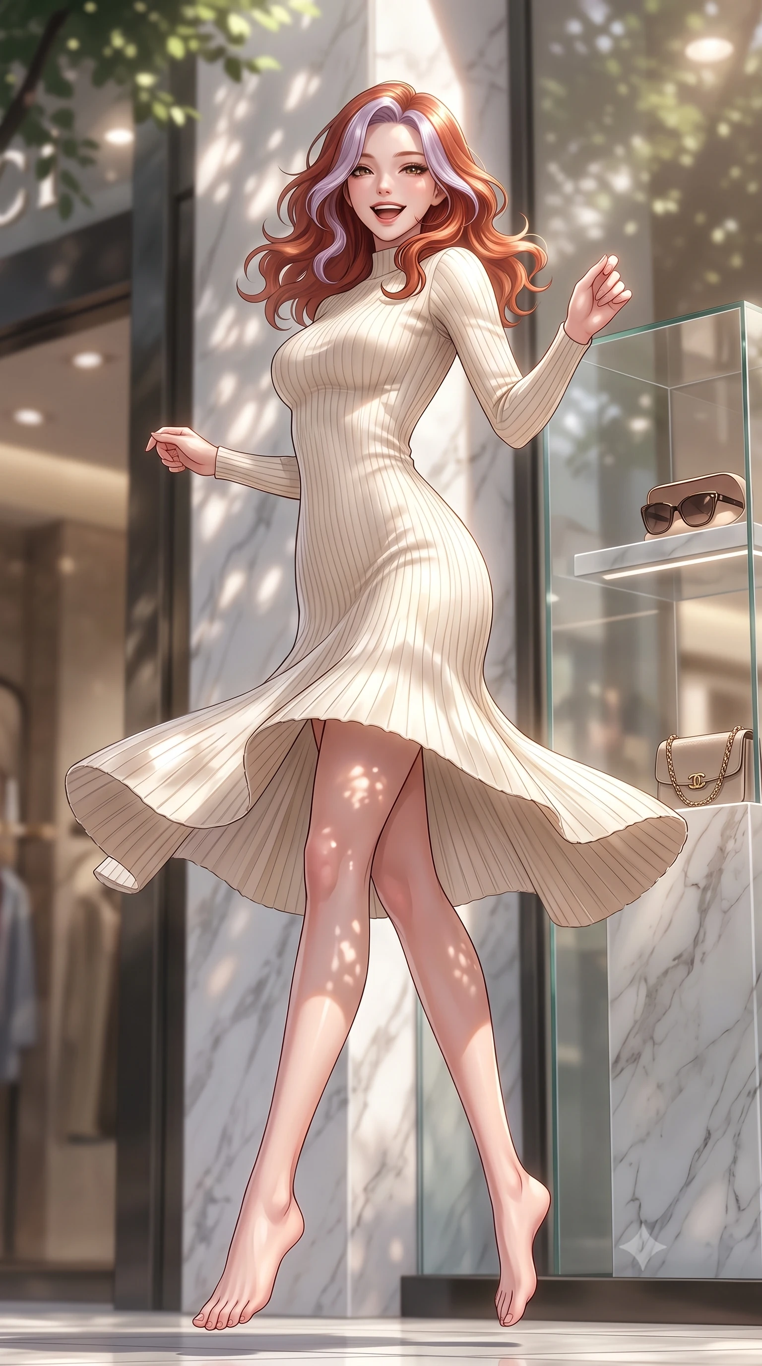 score_9, masterpiece, best quality, ultra-detailed, high-budget anime keyframe, editorial fashion photography, tasteful artistic composition, Caucasian woman. low angle full-body shot from head to toe showing her feet, filling the entire 9:16 vertical frame with her statuesque presence, stretching her vertical silhouette. twirling around with a playful, sensual laugh, her dress fluttering elegantly to accent her waistline set against a soft-focus background of near a chic department store entrance with marble walls and glass displays holding a cute designer sunglasses case and a small chain bag. She has an absolutely perfect, statuesque 8.5-heads proportion, an exceptionally tall and slender model-like female figure with impossibly long slender legs and an ultra-slim waist. sharp v-shaped jawline, high-bridge nose, intricate jewel-like eyes with depth, thick eyelashes, glossy lips with a natural sheen. wearing form-contouring form-fitting ribbed knit dress in cream, contouring her slender silhouette. dappled sunlight filtering through the street trees, casting soft shadows. ultra-reflective glossy finish, specular highlights, metallic sheen, high-contrast stereoscopic depth, volumetric dynamic lighting, 2k, ultra detail, master piece, 9:16 ratio