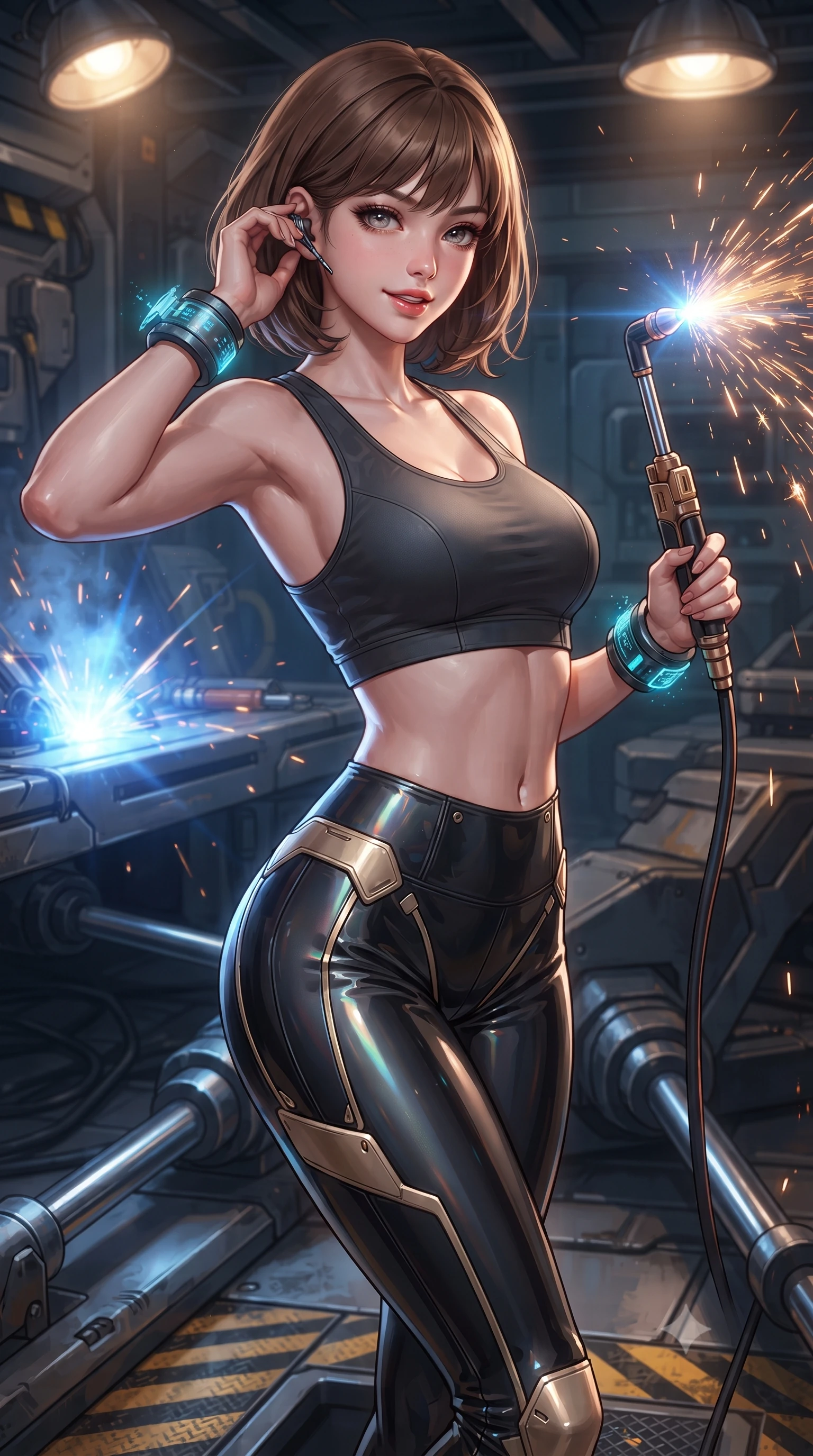 score_9, masterpiece, best quality, ultra-detailed, high-budget anime keyframe, editorial fashion photography, tasteful artistic composition, Caucasian woman. close-up cowboy shot from the waist and thighs up, the character dominates the composition, filling the frame with her large presence. tilting her head with a captivating smile while arching her spine with dancer poise, one hand adjusting her ear comm-link in a flirtatious S-curve while twisting her slender torso in an alluring contrapposto stance, holding an illuminated plasma torch as sparks shower in the background. The surrounding environment is rendered in vivid detail and crisp panoramic clarity: sharp hydraulic cylinder chrome rods, armored plating weld seams, and hazard stripe floor textures in deep focus. She has an exceptionally elegant, slender, and willowy female figure with an ultra-slim waist, flat toned midriff, narrow ribcage, and sculpted feminine hips creating an alluring, slim hourglass silhouette without bulk. sharp v-shaped jawline, high-bridge nose, intricate jewel-like sparkling eyes with depth, thick eyelashes, glossy parted lips with a natural sheen, bright confident smile with an enchanting and coquettish sensual glint, exuding both youthful magnetic charm and sovereign high-tech allure, flawlessly proportioned anatomical accuracy, strict slender model proportions, natural body alignment, perfectly sculpted long slender limbs, ultra-slim waistline, clean dynamic posture without body distortion. wearing a tactical racerback athletic crop top paired with skin-tight high-waisted holographic combat leggings in glossy onyx black and warm champagne gold hardware, crafted from lightweight aerodynamic matte carbon-fiber weave with structural stiffness, featuring sleek glowing cyan HUD display wrist cuffs with floating data telemetry, the form-contouring cut accentuating her sculpted flat midriff, narrow delicate ribcage, and gracefully curvy hips with cybernetic supermodel precision. bathed in high-intensity arc-welding blue light pulses contrasting with warm halogen overhead lamps. ultra-reflective glossy finish, specular highlights, rich textural contrasts, high-contrast stereoscopic depth, volumetric dynamic lighting, 2k, ultra detail, master piece, 9:16 ratio