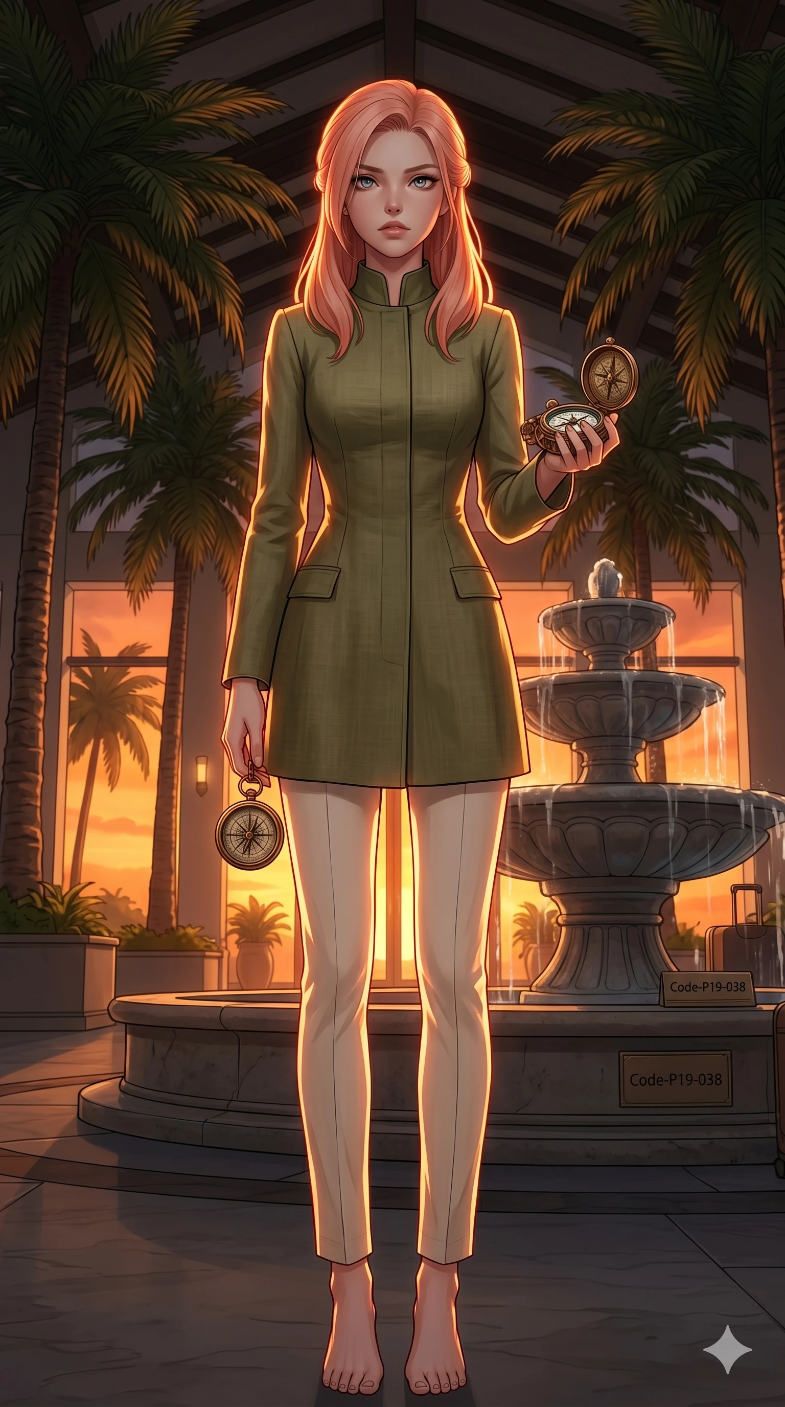 score_9, masterpiece, best quality, ultra-detailed, high-budget anime keyframe, editorial fashion photography, tasteful artistic composition, Japanese woman. low angle full-body shot from head to toe showing her feet, filling the entire 9:16 vertical frame with her statuesque presence, stretching her vertical silhouette. holding a vintage compass, looking past the camera with a thoughtful, focused expression inside an open-air resort lobby with palm trees and a large fountain (Code-P19-038). She has an absolutely perfect 8-heads proportion, an exceptionally tall and slender female figure with impossibly long slender legs and an ultra-slim waist. V-shaped jawline, high-bridge nose, intricate jewel-like eyes with depth, thick eyelashes, glossy lips with a natural sheen. wearing a high-collar summer coat in olive green linen paired with cream trousers. intense orange sunset rim lights, outlining her 8-heads proportion and slim waist. 2k, ultra detail, master piece, 9:16 ratio