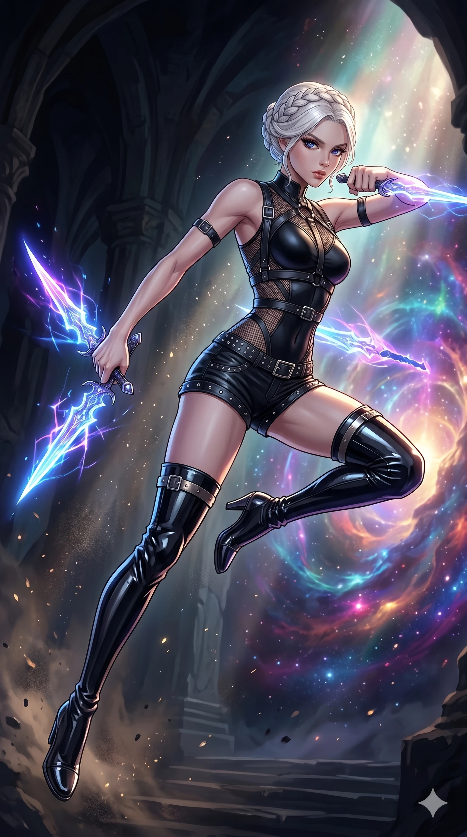 score_9, masterpiece, best quality, ultra-detailed, high-budget anime movie keyframe, cinematic anime lighting, intricate line art, Japanese woman. Mid-air action shot capturing a graceful twist and vertical silhouette. lunging from the shadows with a pair of glowing daggers. She has an absolutely perfect 8-heads proportion, an exceptionally tall and slender female figure with graceful and slender proportions. strictly human anatomy, two legs only, no extra limbs, clearly defined legs and arms, perfect anatomy, perfect hands and fingers. sharp v-shaped jawline, high-bridge nose, intricate jewel-like eyes, thick eyelashes, glossy lips. Wearing Dynamic performance outfit: Leather harness over mesh, sleek bodysuit, studded stylish shorts, and thigh-high patent boots. The scene is illuminated by dramatic atmospheric lighting and vibrant color palettes. , 2k, ultra detail, master piece, 9:16 ratio