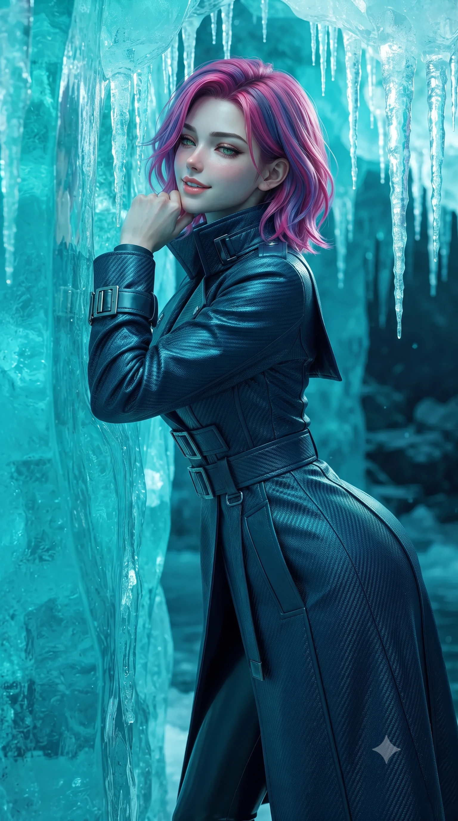 score_9, masterpiece, best quality, ultra-detailed, high-budget anime keyframe, editorial fashion photography, tasteful artistic composition, Caucasian woman. close-up cowboy shot from the waist and thighs up, the character dominates the composition, filling the frame with her large presence. resting one elbow on the table and supporting her chin, leaning close to the camera with heavy-lidded sparkling eyes and parted lips while leaning against the translucent turquoise ice wall with hips cocked back, looking through suspended icicles into the glowing blue ice depths with heavy-lidded bedroom-eyes. The surrounding environment is rendered in vivid detail and crisp panoramic clarity: sharp frozen ice crystal fractures, wet black basalt stone textures, and pristine thermal water ripples in deep focus. She has an exceptionally elegant, slender, and willowy female figure with an ultra-slim waist, flat toned midriff, narrow ribcage, and sculpted feminine hips creating an alluring, slim hourglass silhouette without bulk. sharp v-shaped jawline, high-bridge nose, intricate jewel-like sparkling eyes with depth, thick eyelashes, glossy parted lips with a natural peach sheen, bright cheerful beaming smile with an enchanting and coquettish sensual glint, exuding both youthful cute charm and seductive allure, flawlessly proportioned anatomical accuracy, strict slender model proportions, natural body alignment, perfectly sculpted long slender limbs, ultra-slim waistline, clean dynamic posture without body distortion. wearing a tailored high-collar cyberpunk tech-trench coat with magnetic buckle closures and wide storm flaps in abyssal ocean sapphire and bioluminescent emerald, woven from structured carbon-fiber jacquard with rich textural depth, finished with sleek magnetic buckle closures fluttering in the breeze, the bespoke structured tailoring following the natural line of her 8.5-heads silhouette with refined elegance. illuminated by pool surface reflection bounce and sharp ice-blue rim lights sculpting her razor-sharp jawline, narrow waist, and curvy hips. ultra-reflective glossy finish, specular highlights, rich textural contrasts, high-contrast stereoscopic depth, volumetric dynamic lighting, 2k, ultra detail, master piece, 9:16 ratio