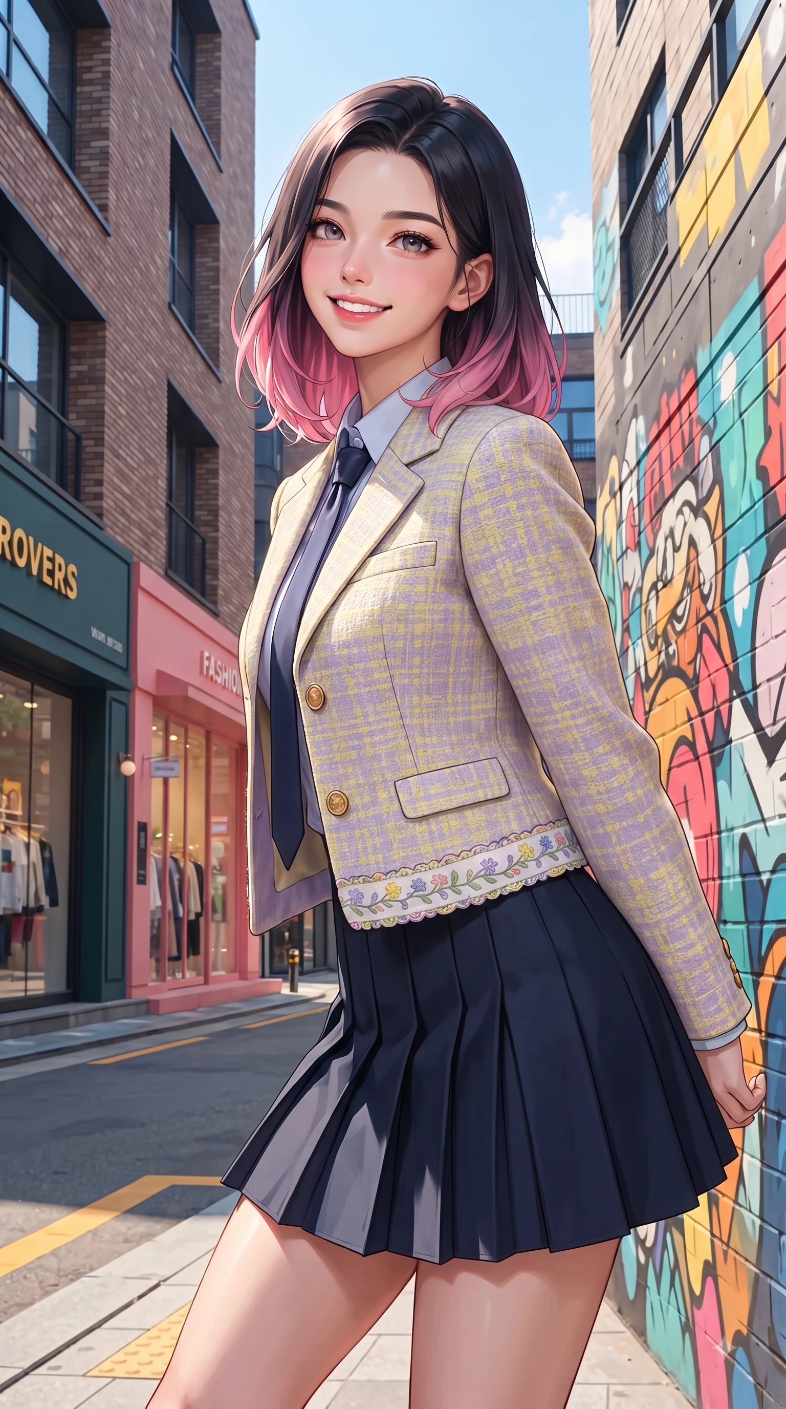 score_9, masterpiece, best quality, ultra-detailed, high-budget anime keyframe, editorial fashion photography, tasteful artistic composition, Korean woman. close-up cowboy shot from the waist and thighs up, the character dominates the composition, filling the frame with her large presence. Youthful bright smile exuding pure cute charm and fresh energy, her torso turning dynamically into the lens while pausing gracefully near a stylish street art mural on a sunny afternoon with a confident cute smile. The surrounding environment is rendered in vivid detail and crisp panoramic clarity. modern brick architecture, vibrant fashion storefronts, and lively street art murals in sharp clarity. She has an exceptionally elegant, slender, and willowy female figure with an ultra-slim waist, a gracefully sculpted slender torso, and a refined silhouette. sharp v-shaped jawline, high-bridge nose, intricate jewel-like eyes with depth, thick eyelashes, glossy lips with a natural sheen, flawlessly proportioned anatomical accuracy, natural body alignment, perfectly sculpted elegant limbs, clean dynamic posture without body distortion. wearing a preppy academy blazer over a crisp collared shirt, navy pleated skirt, and a slim necktie in soft lemon yellow and lavender violet, tailored from soft pastel tweed with subtle metallic thread, complemented by delicate embroidered floral trim along the hem, the relaxed yet flattering fit accentuating her naturally graceful and slender figure. illuminated by crisp clear afternoon key light and vibrant street highlights. ultra-reflective glossy finish, specular highlights, metallic sheen, high-contrast stereoscopic depth, volumetric dynamic lighting, 2k, ultra detail, master piece, 9:16 ratio