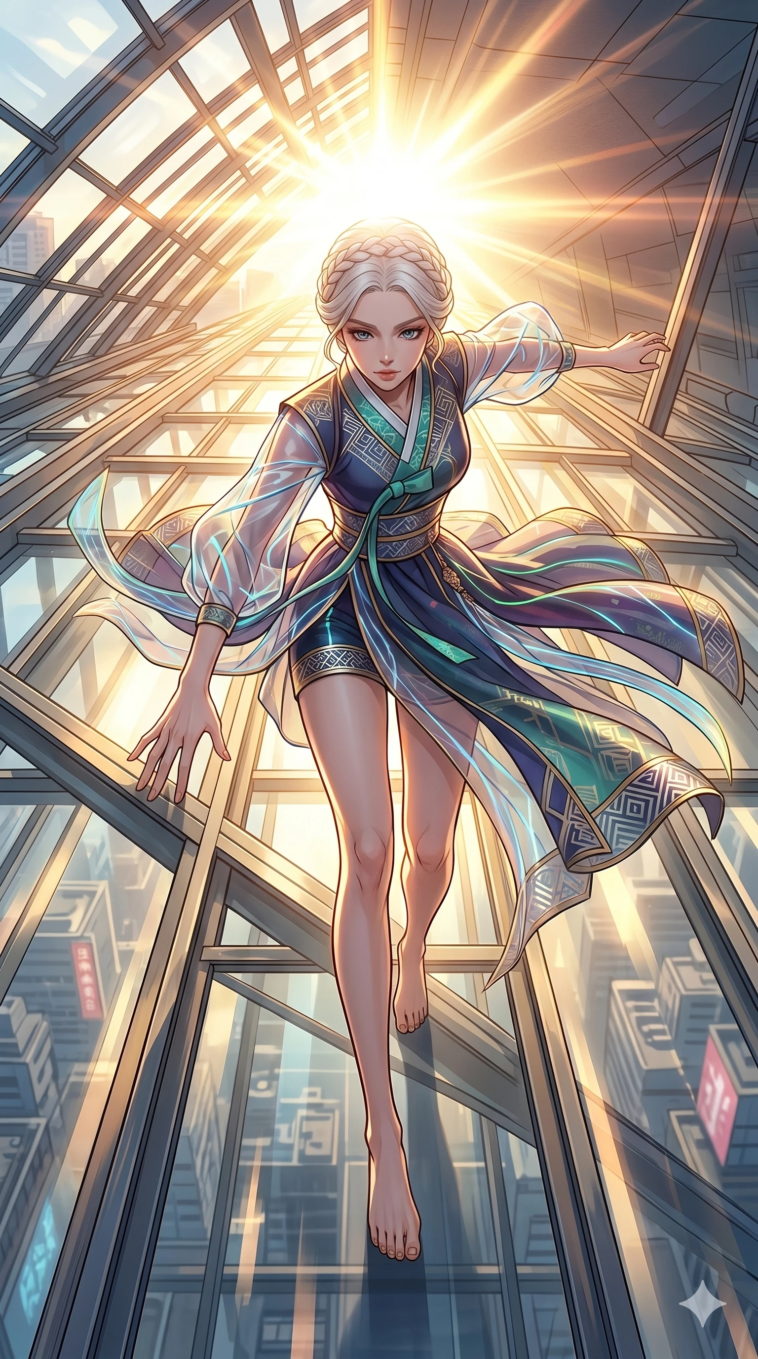 score_9, masterpiece, best quality, ultra-detailed, high-budget anime movie keyframe, cinematic anime lighting, intricate line art, Japanese woman. Dynamic full-body shot stretching the vertical silhouette with extreme perspective. sliding down a glass roof as the sun creates a blinding glare. She has an absolutely perfect 8-heads proportion, an exceptionally tall and slender female figure with graceful and slender proportions. strictly human anatomy, two legs only, no extra limbs, clearly defined legs and arms, perfect anatomy, perfect hands and fingers. sharp v-shaped jawline, high-bridge nose, intricate jewel-like eyes, thick eyelashes, glossy lips. Wearing Modern Traditional: Shortened cyber-hanbok with fusion silk robes and transparent panels. The scene is illuminated by dramatic atmospheric lighting and vibrant color palettes. , 2k, ultra detail, master piece, 9:16 ratio