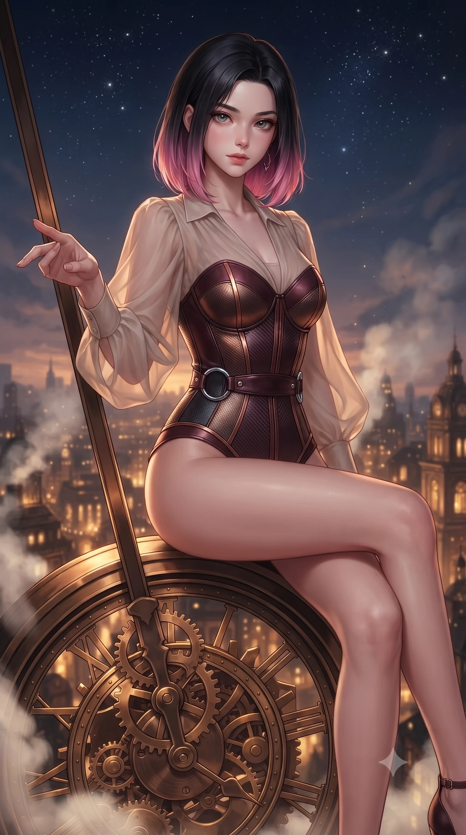 score_9, masterpiece, best quality, ultra-detailed, high-budget anime keyframe, editorial fashion photography, tasteful artistic composition, Korean woman. close-up cowboy shot from the waist and thighs up, the character dominates the composition, filling the frame with her large presence, background elements kept in soft focus. Reaching one hand gracefully toward the viewer with effortless superiority and allure poised on a massive mechanical clock pendulum swinging over a golden city, distant starlight and city lights twinkling through steam clouds. She has an exceptionally elegant, slender, and willowy female figure with an ultra-slim waist, a gracefully sculpted slender torso, and a refined silhouette. sharp v-shaped jawline, high-bridge nose, intricate jewel-like eyes with depth, thick eyelashes, glossy lips with a natural sheen. wearing a tailored leather bustier over a sheer silk chiffon blouse in deep burgundy and bronze, made of fine carbon-fiber weave and soft matte leather, accented with delicate chrome ring hardware framing her waist, the elegant draped fit framing her graceful clavicle and slender torso. bathed in warm twilight amber backlighting and rich metallic specular glow. highly saturated vibrant anime colors, detailed shading with soft gradients, rich glossy textures, high-contrast stereoscopic depth, volumetric dynamic lighting, master piece, 9:16 ratio