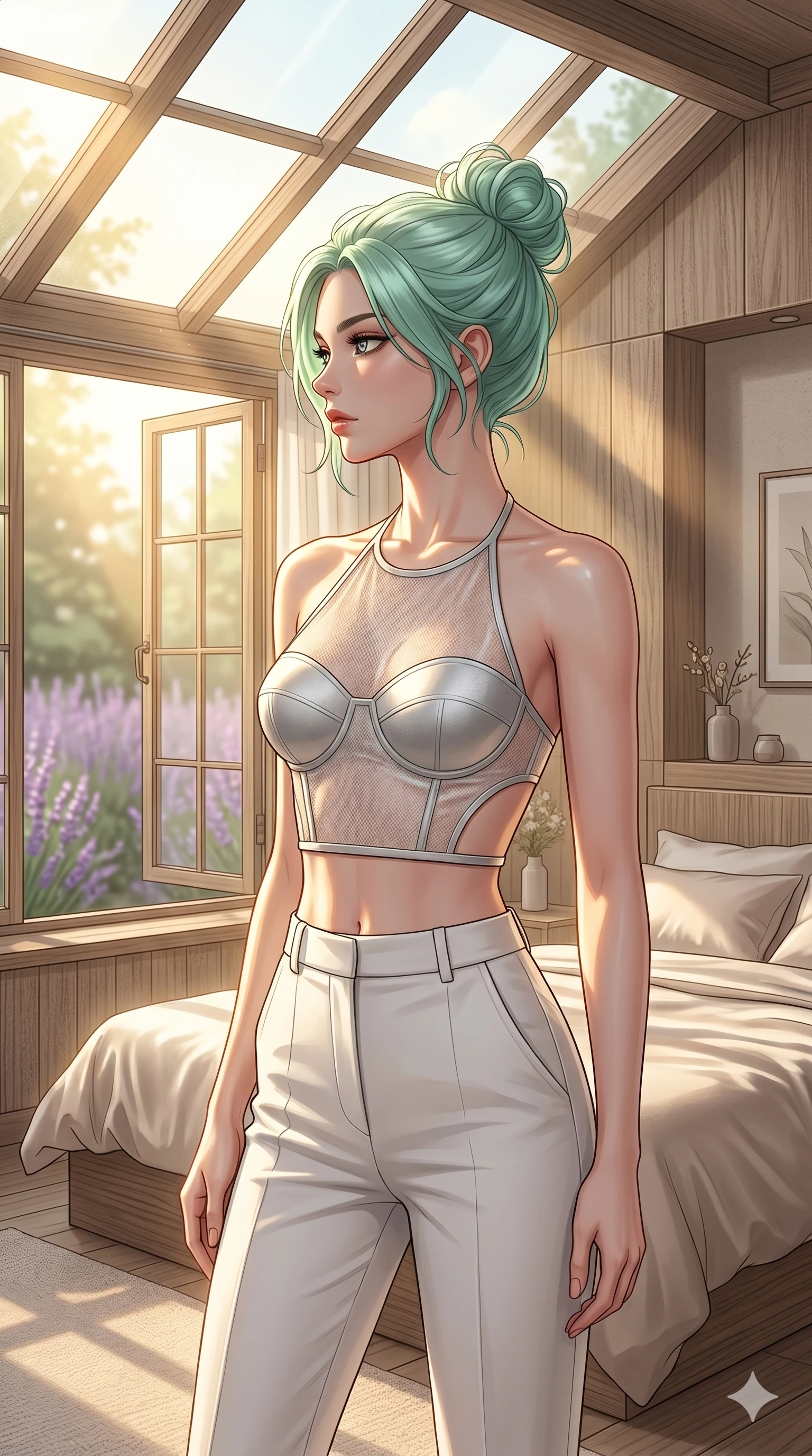score_9, masterpiece, best quality, ultra-detailed, high-budget anime keyframe, editorial fashion photography, tasteful artistic composition, Japanese woman. cowboy shot from the thighs up, character and outfit filling the frame for maximum editorial presence. posing with quiet magnetic self-assurance, her face turned in a sharp profile against the golden light inside a sun-washed private bedroom by a large open window overlooking a quiet lavender garden (Code-P046). She has an absolutely perfect 8-heads proportion, an exceptionally tall and slender female figure with impossibly long slender legs and an ultra-slim waist. V-shaped jawline, high-bridge nose, intricate jewel-like eyes with depth, thick eyelashes, glossy lips with a natural sheen. wearing a sheer mesh crop halter top over a structured silver bustier with side cutouts showing her midriff. drenched in soft morning sunbeams filtering through the glass roof, highlighting her delicate clavicle. 2k, ultra detail, master piece, 9:16 ratio