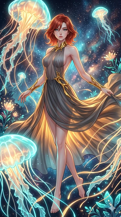 score_9, masterpiece, best quality, ultra-detailed, high-budget anime keyframe, Japanese woman. low angle full-body shot filling the entire 9:16 frame with her statuesque presence, stretching the vertical silhouette. swirling gracefully among the glo
