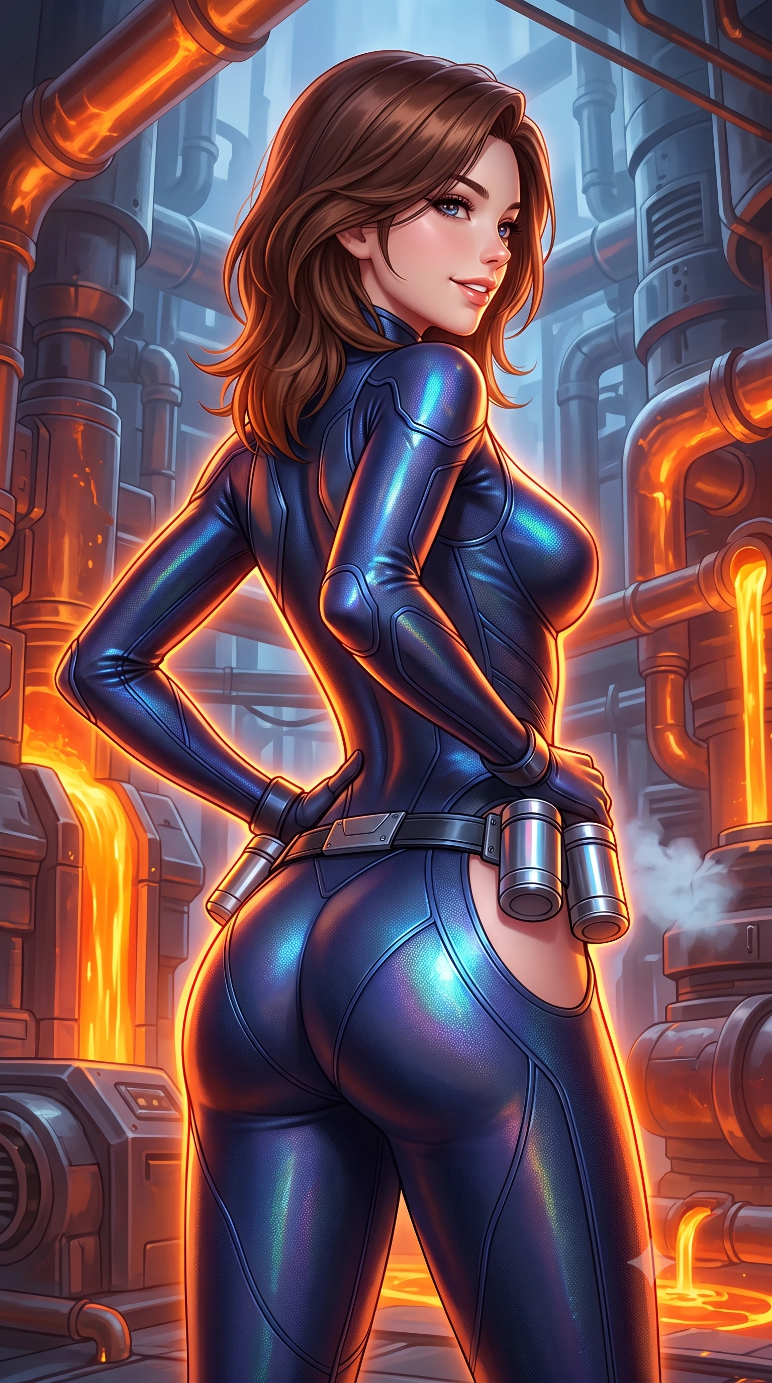 score_9, masterpiece, best quality, ultra-detailed, high-budget anime keyframe, semi-realistic 3D game render, editorial fashion photography, tasteful artistic composition, Korean woman. close-up cowboy shot from the waist and thighs up, the character dominates the composition, filling the frame with her large presence. twisting her slender torso in an alluring contrapposto stance, one hand resting on her sculpted hip armor while glancing back with effortless sovereign poise while twisting her slender torso in an alluring contrapposto stance, molten geothermal heat and cool atmosphere vents tracing her hourglass silhouette. The surrounding environment is rendered in vivid detail and crisp panoramic clarity: detailed heat-resistant suit weave, orange furnace specular highlights on armor, and mega-engineering architecture in high resolution. She has an exceptionally elegant, slender, and willowy female figure with an ultra-slim waist, flat toned midriff, narrow ribcage, and sculpted feminine hips creating an alluring, slim hourglass silhouette without bulk. sharp v-shaped jawline, high-bridge nose, intricate jewel-like sparkling eyes with depth, thick eyelashes, glossy parted lips with a natural sheen, bright confident smile with an enchanting and coquettish sensual glint, exuding both youthful magnetic charm and sovereign high-tech allure, flawlessly proportioned anatomical accuracy, strict slender model proportions, natural body alignment, perfectly sculpted long slender limbs, ultra-slim waistline, clean dynamic posture without body distortion. wearing a high-performance speeder pilot catsuit with ergonomic silicone grip lines and strategic hip cutouts in midnight navy blue and holographic iridescent shimmer, formed from supple thermal silicone composite adhering seamlessly like a second skin, accented with a sleek utility belt with polished magnetic canisters resting loosely on her curvy hips, the aerodynamic second-skin silhouette tightly following the natural contour of her hips and long slender legs with youthful 8.5-heads elegance. bathed in dynamic fiery orange and molten amber glow from geothermal pipes contrasting with cool shadows. highly saturated vibrant anime colors, detailed shading with soft gradients, rich glossy textures, high-contrast stereoscopic depth, volumetric dynamic lighting, master piece, 9:16 ratio