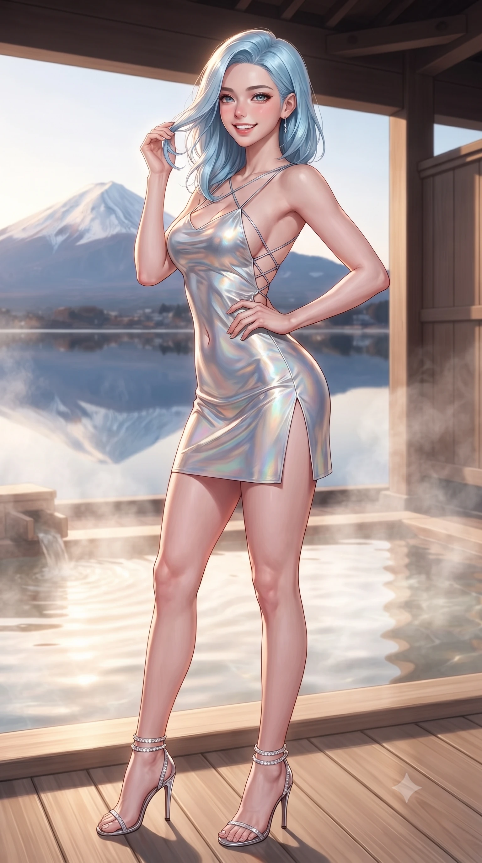 score_9, masterpiece, best quality, ultra-detailed, high-budget anime keyframe, editorial fashion photography, tasteful artistic composition, Korean woman. close-up cowboy shot from the waist and thighs up, the character dominates the composition, filling the frame with her large presence. twisting her slender torso in an alluring contrapposto stance, one hand resting on her sculpted hip while her fingers toy with her hair with effortless poise while standing poised on the natural hinoki cypress deck beside the steaming open-air hot spring bath, arching her spine with wet-look siren grace as snow-capped Mount Fuji mirrors in the calm lake. The background shows a soft-focus wisps of fragrant mineral onsen steam softened in private Japanese ryokan sanctuary shallow focus. She has an exceptionally elegant, slender, and willowy female figure with an ultra-slim waist, flat toned midriff, narrow ribcage, and sculpted feminine hips creating an alluring, slim hourglass silhouette without bulk. sharp v-shaped jawline, high-bridge nose, intricate jewel-like sparkling eyes with depth, thick eyelashes, glossy parted lips with a natural peach sheen, bright cheerful beaming smile with an enchanting and coquettish sensual glint, exuding both youthful cute charm and seductive allure, flawlessly proportioned anatomical accuracy, strict slender model proportions, natural body alignment, perfectly sculpted long slender limbs, ultra-slim waistline, clean dynamic posture without body distortion. wearing a backless liquid lamé mini dress with criss-cross spinal straps and daring side slit in liquid molten silver and iridescent mother-of-pearl, crafted from fluid liquid silk satin that clings smoothly to her narrow waist and rounded hips with a dewy sheen, complemented by strappy stiletto sandals with crystal ankle wraps accentuating her slender calves, the form-contouring silhouette accentuating her sculpted flat midriff, narrow delicate ribcage, and gracefully curvy hips with intoxicating allure. illuminated by onsen water reflection bounce and sharp platinum-gold rim lights sculpting her razor-sharp jawline, narrow waist, and curvy hips. ultra-reflective glossy finish, specular highlights, rich textural contrasts, high-contrast stereoscopic depth, volumetric dynamic lighting, 2k, ultra detail, master piece, 9:16 ratio