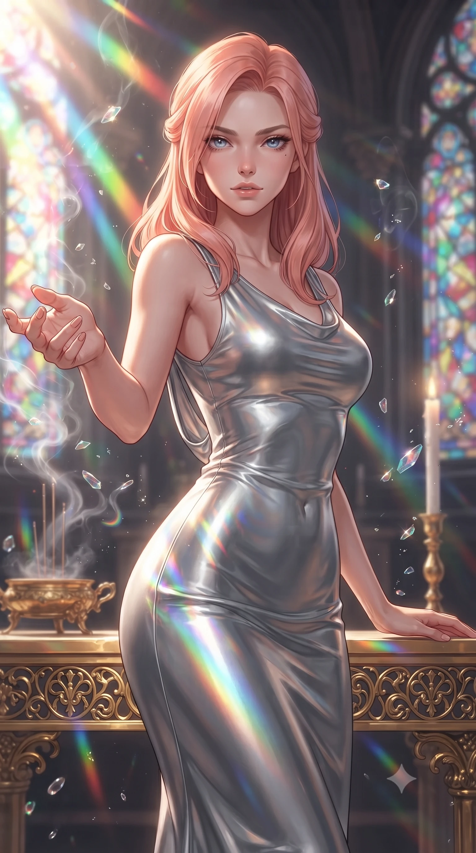 score_9, masterpiece, best quality, ultra-detailed, high-budget anime keyframe, editorial fashion photography, tasteful artistic composition, Japanese woman. close-up cowboy shot from the waist and thighs up, the character dominates the composition, filling the frame with her large presence, background elements kept in soft focus. Reaching one hand gracefully toward the viewer with effortless superiority and allure poised on a golden filigree altar surrounded by glowing incense vapors, floating glass dust and incense smoke scattering colorful light beams. She has an exceptionally elegant, slender, and willowy female figure with an ultra-slim waist, a gracefully sculpted slender torso, and a refined silhouette. sharp v-shaped jawline, high-bridge nose, intricate jewel-like eyes with depth, thick eyelashes, glossy lips with a natural sheen. wearing a precision-fitted liquid silver jersey bodycon dress with a graceful draped back, the form-contouring material highlighting her ultra-slim waist and long lines. bathed in cascading rainbow prismatic light refracting through stained glass. ultra-reflective glossy finish, specular highlights, metallic sheen, high-contrast stereoscopic depth, volumetric dynamic lighting, 2k, ultra detail, master piece, 9:16 ratio